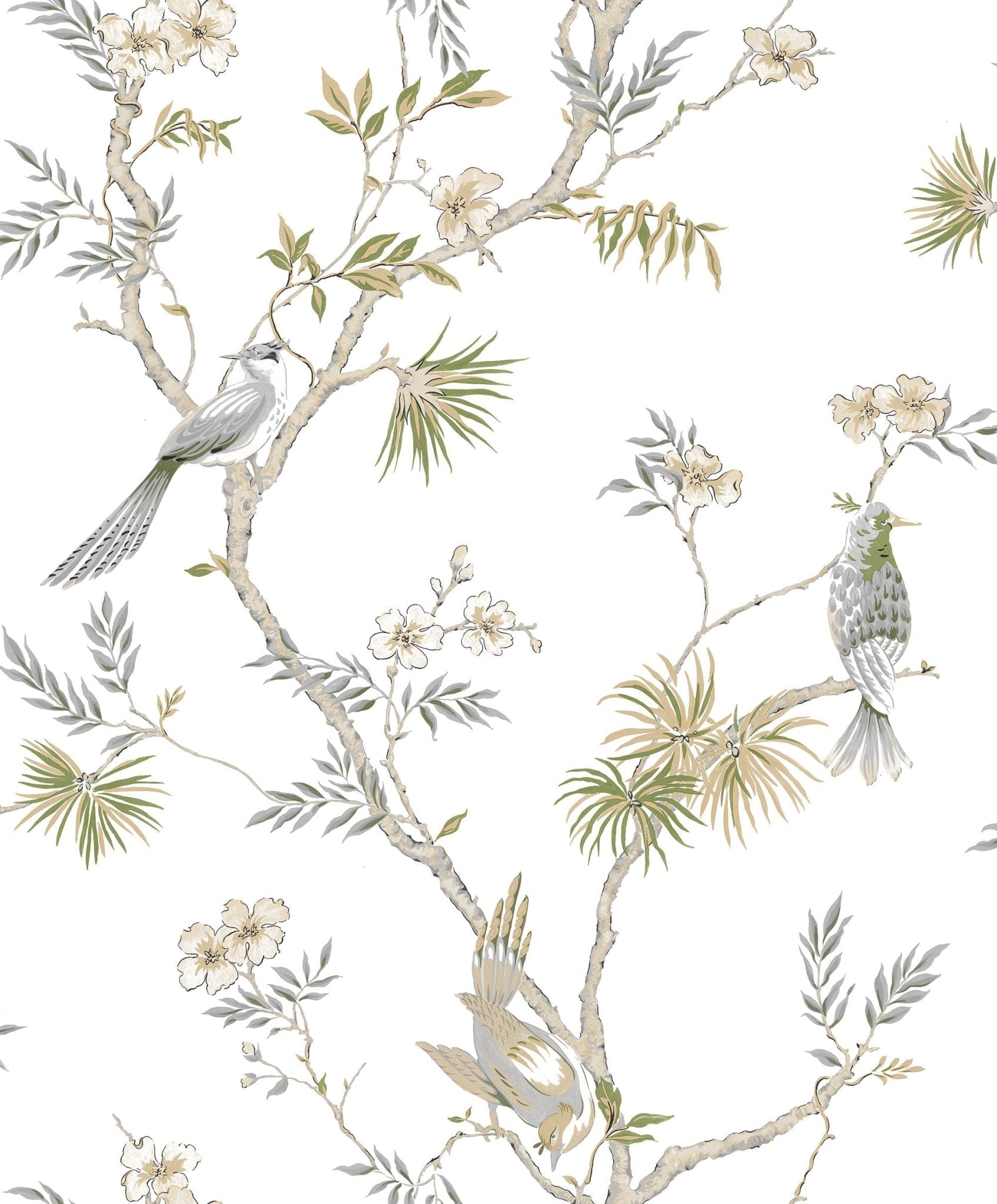 Secret Garden Classic Bird Trail Wallpaper - Grey / Green / Beige / White - Galerie - G78492 - Premier Wallcovering