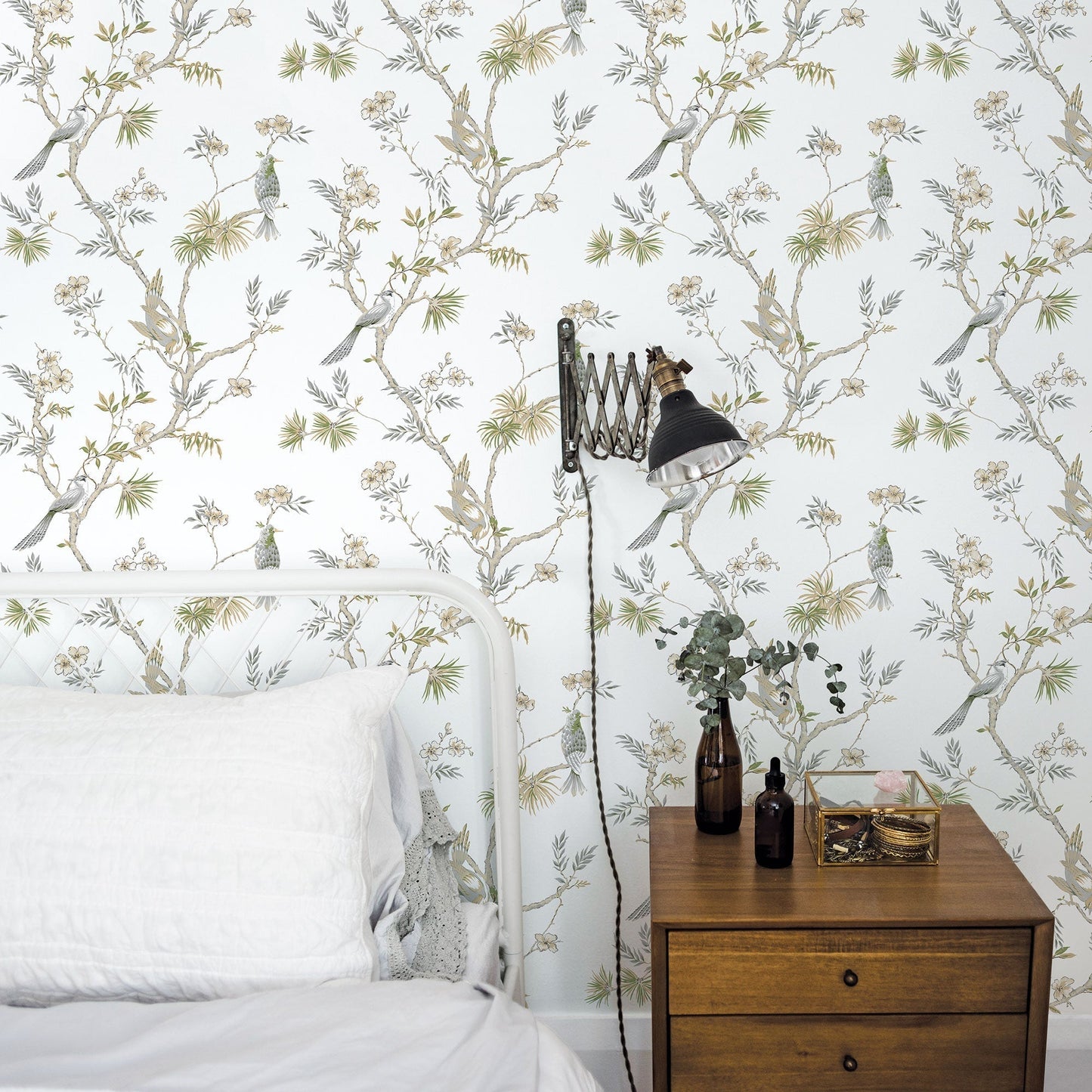 Secret Garden Classic Bird Trail Wallpaper - Grey / Green / Beige / White - Galerie - G78492 - Premier Wallcovering