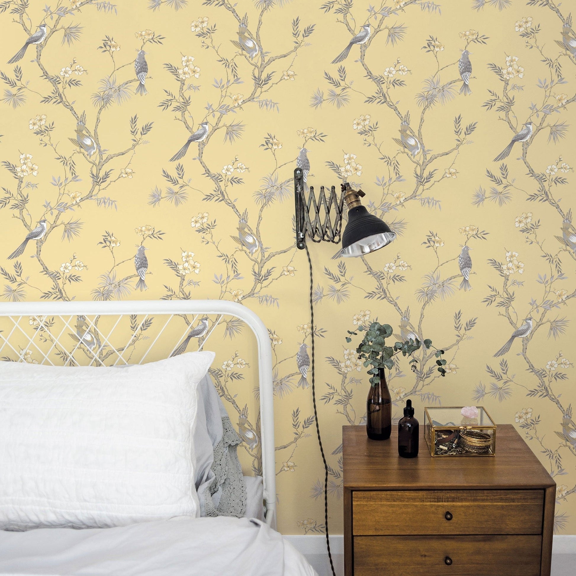 Secret Garden Classic Bird Trail Wallpaper - Yellow / Grey - Galerie - G78494 - Premier Wallcovering