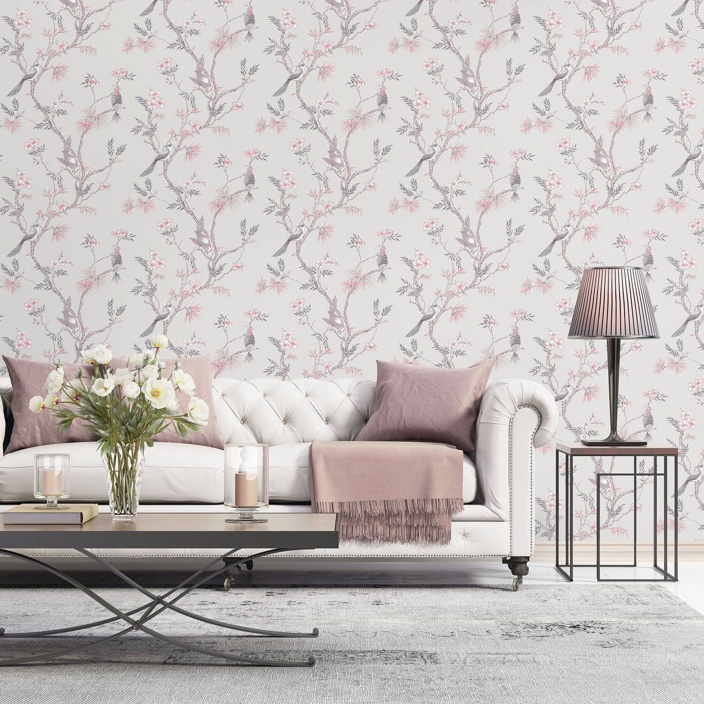Secret Garden Classic Bird Trail Wallpaper - Grey / Pink / Grey - Galerie - G78491 - Premier Wallcovering