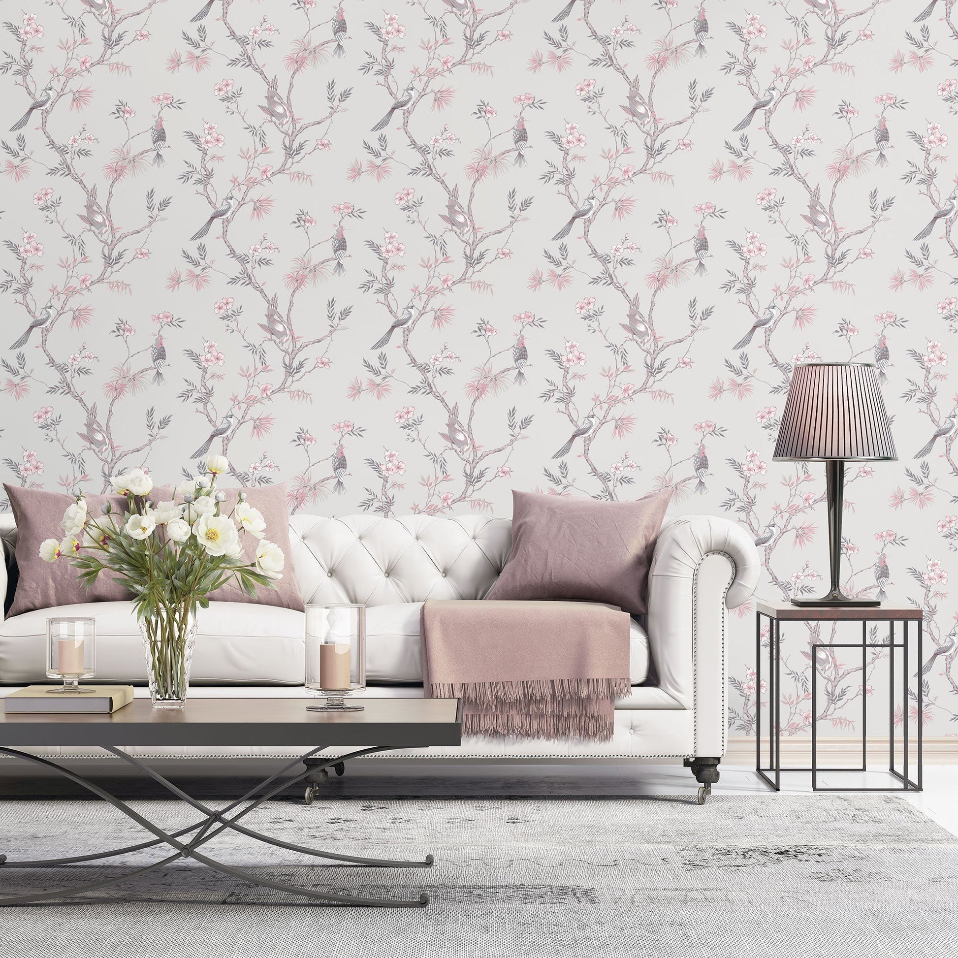 Secret Garden Classic Bird Trail Wallpaper - Grey / Pink / Grey - Galerie - G78491 - Premier Wallcovering