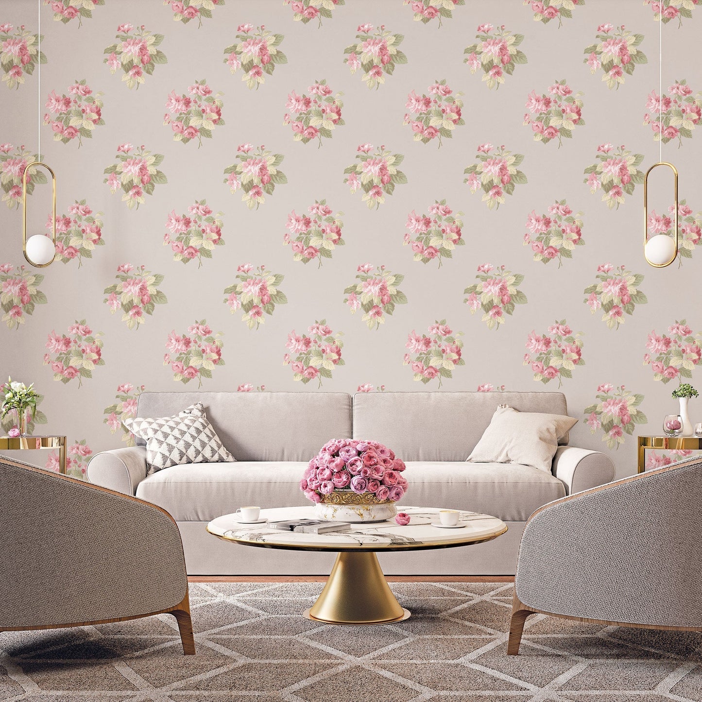Secret Garden Classic Bouquet Wallpaper - Taupe / Raspberry / Green - Galerie - G78501 - Premier Wallcovering