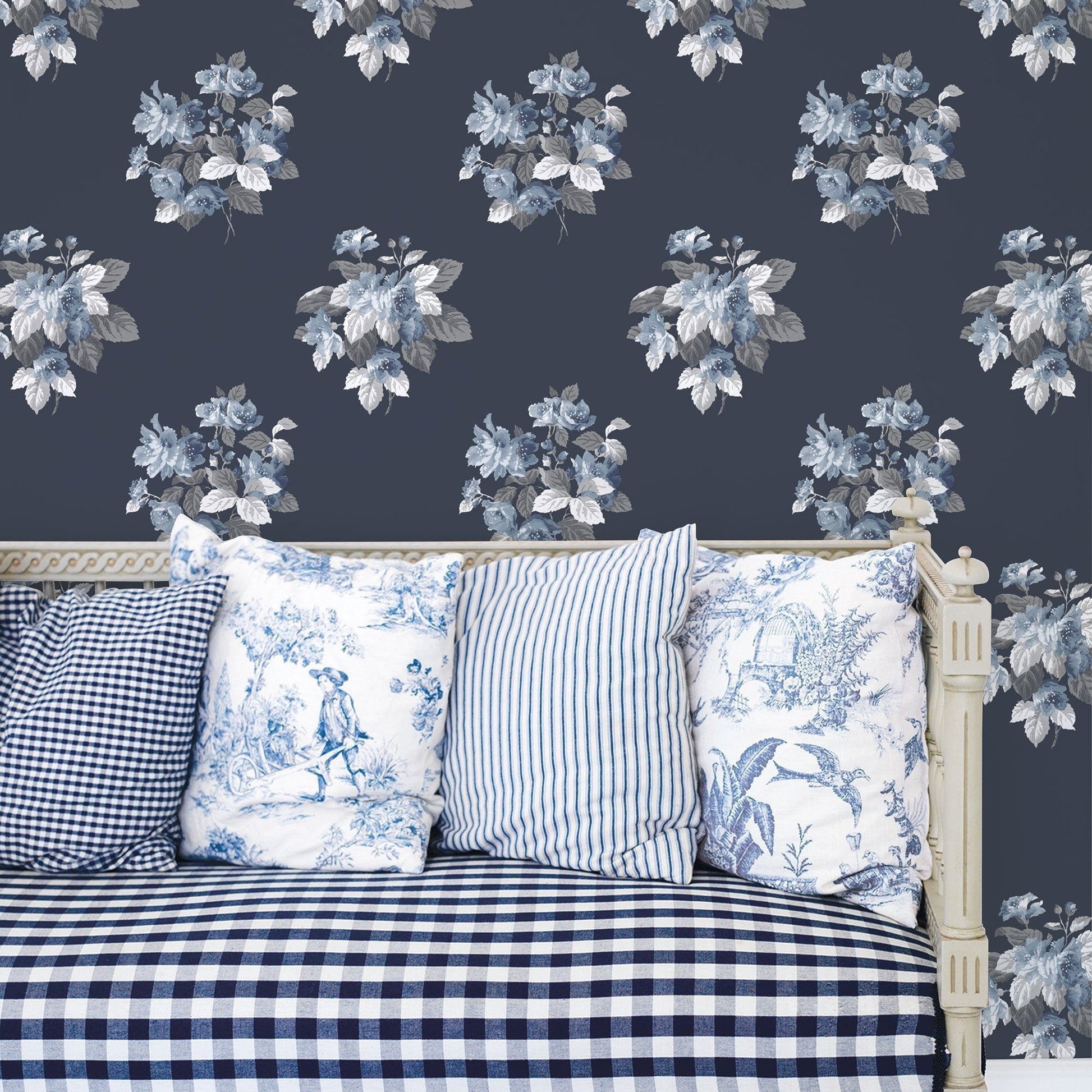 Secret Garden Classic Bouquet Wallpaper - Navy / Blue - Galerie - G78498 - Premier Wallcovering