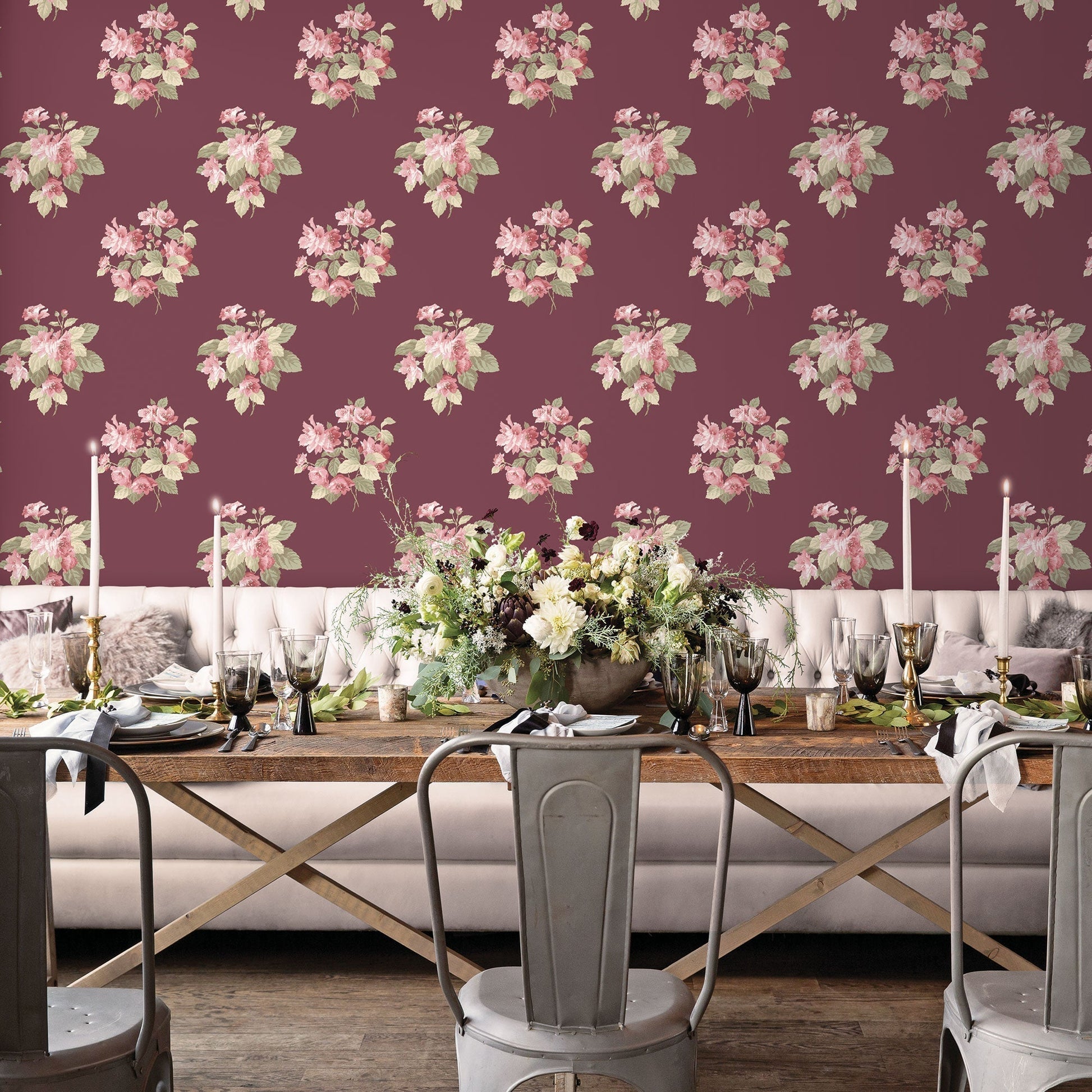 Secret Garden Classic Bouquet Wallpaper - Cranberry / Pink / Green - Galerie - G78496 - Premier Wallcovering