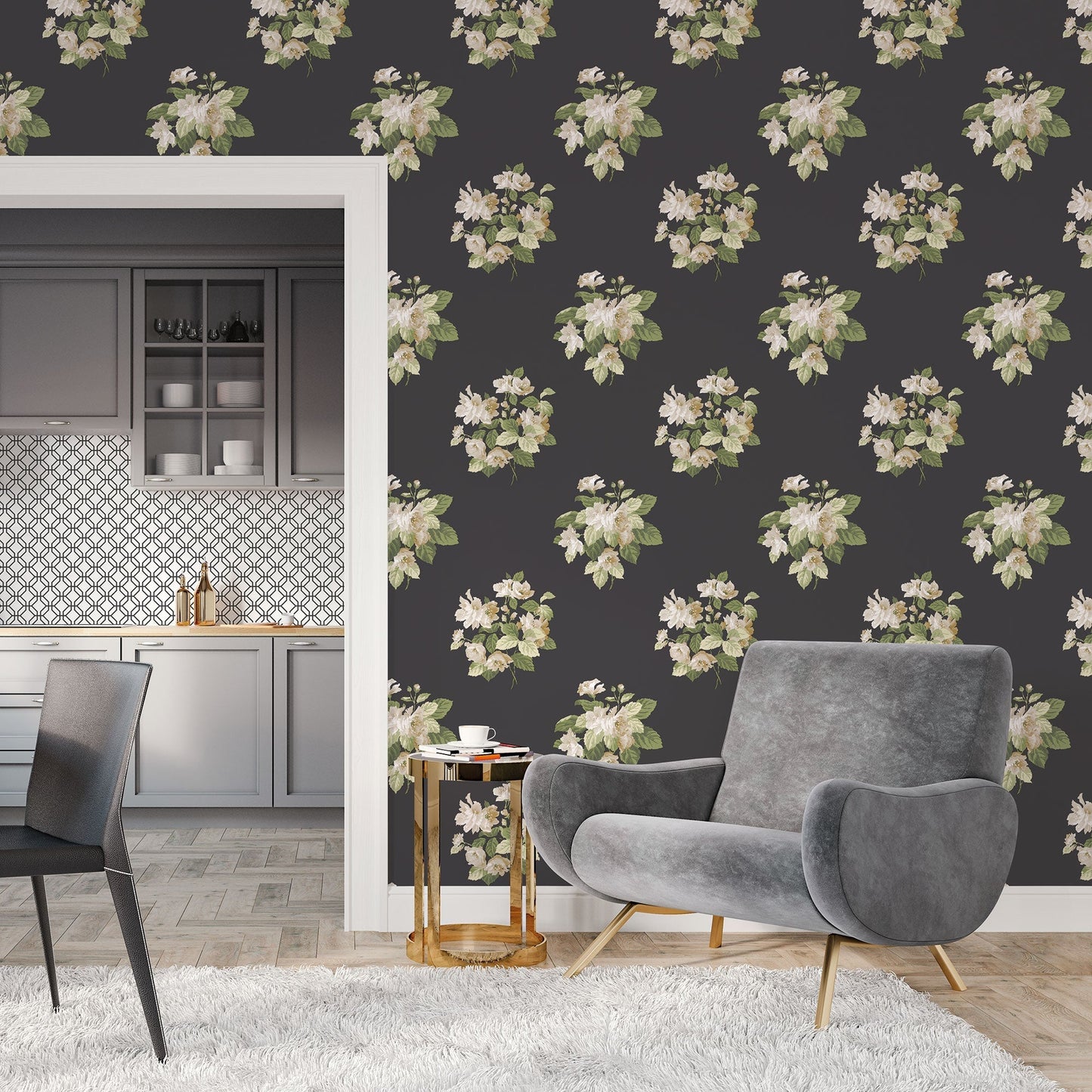 Secret Garden Classic Bouquet Wallpaper - Black / Green / Taupe - Galerie - G78495 - Premier Wallcovering
