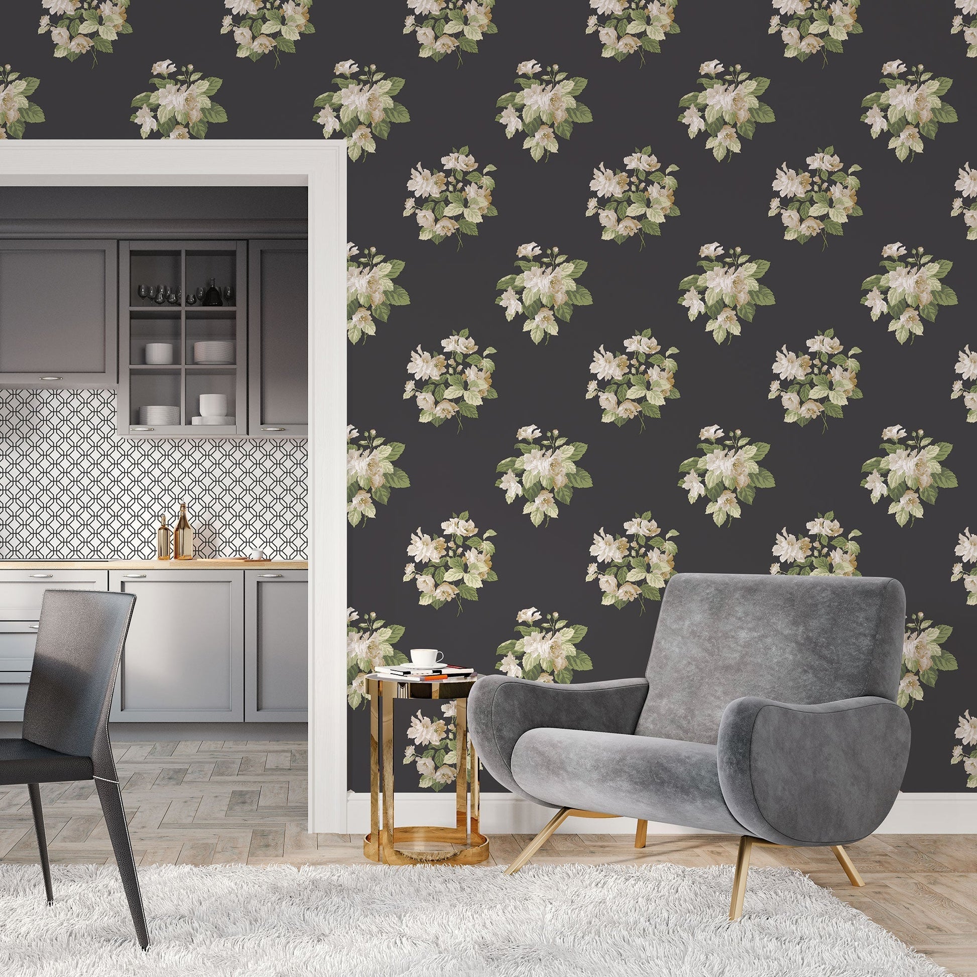 Secret Garden Classic Bouquet Wallpaper - Black / Green / Taupe - Galerie - G78495 - Premier Wallcovering