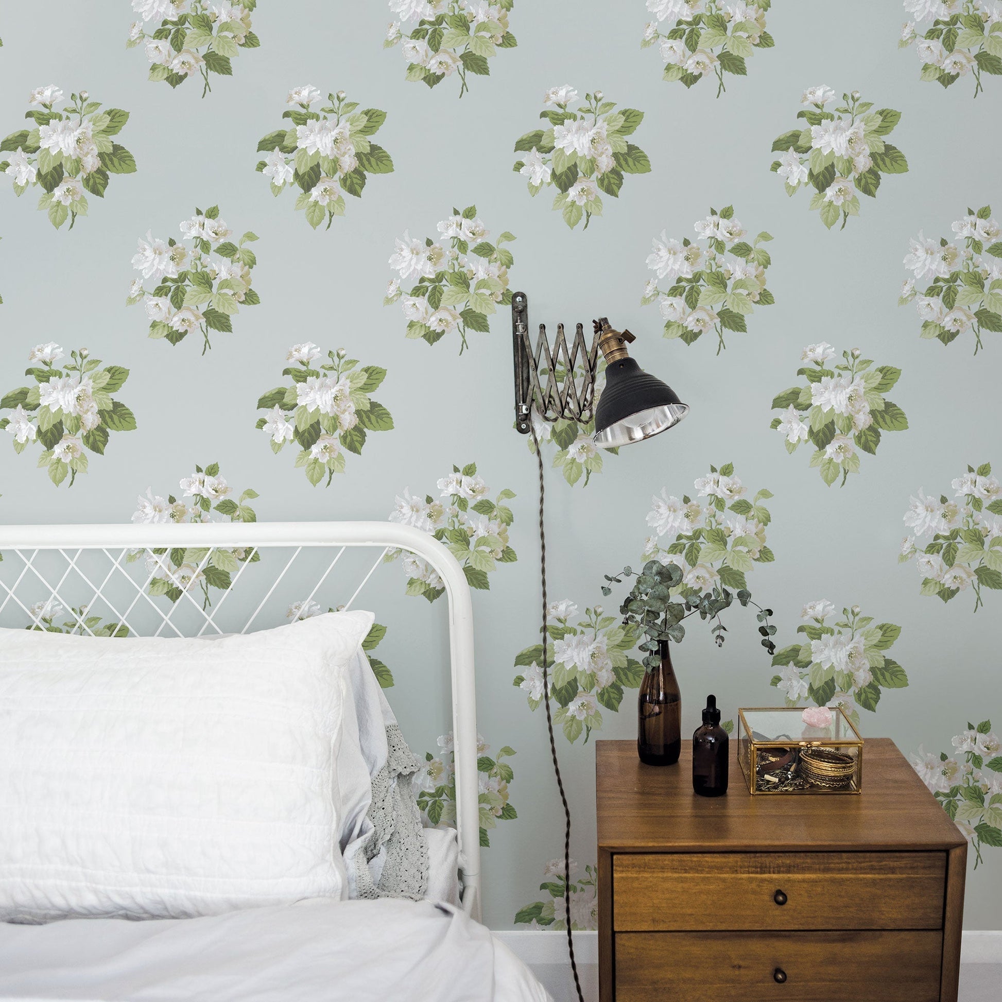 Secret Garden Classic Bouquet Wallpaper - Duck Egg / Green / Grey - Galerie - G78497 - Premier Wallcovering