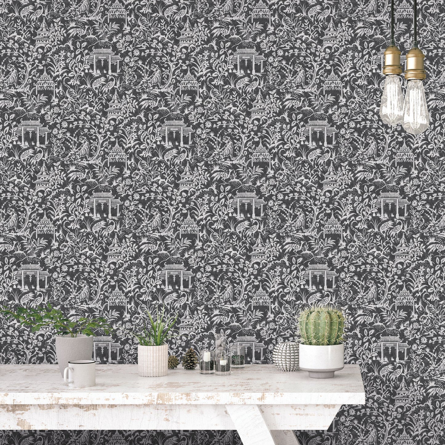 Secret Garden Garden Toile Wallpaper - Black / Grey - Galerie - G78510 - Premier Wallcovering