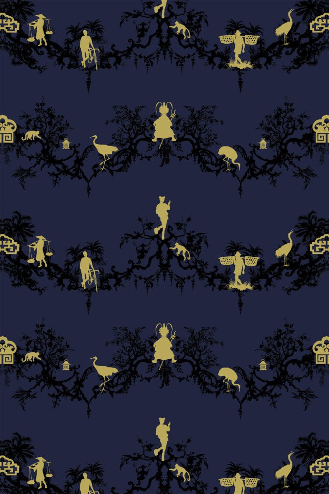 Shuiping De Pillement Velvet Fabric - Black & Pale Gold on Navy - Timorous Beasties - SHUP/8818/05 - Premier Wallcovering