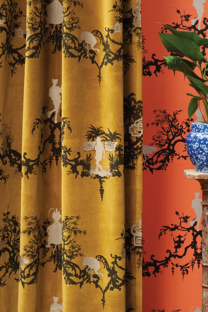 Shuiping De Pillement Velvet Fabric - Black & Pale Gold on Honey - Timorous Beasties - SHUP/8206/02 - Premier Wallcovering