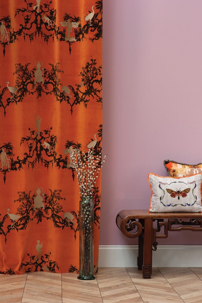 Shuiping De Pillement Velvet Fabric - Black & Pale Gold on Orange - Timorous Beasties - SHUP/8906/06 - Premier Wallcovering