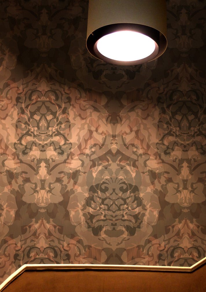 Skull Damask Superwide Wallpaper - Dark Beetroot - Timorous Beasties - ROR/SKLD/OBRN/01 - Premier Wallcovering