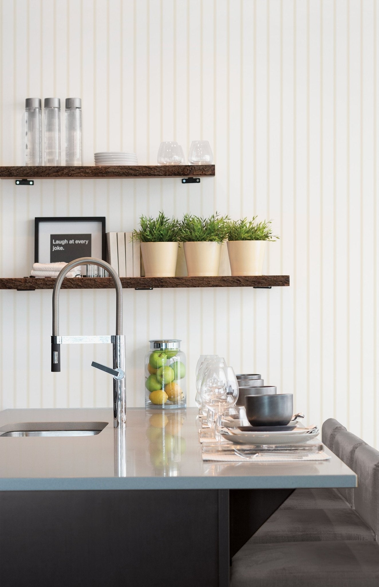 Smart Stripes Skinny Stripe Wallpaper - Beige / White - Galerie - G67561 - Premier Wallcovering