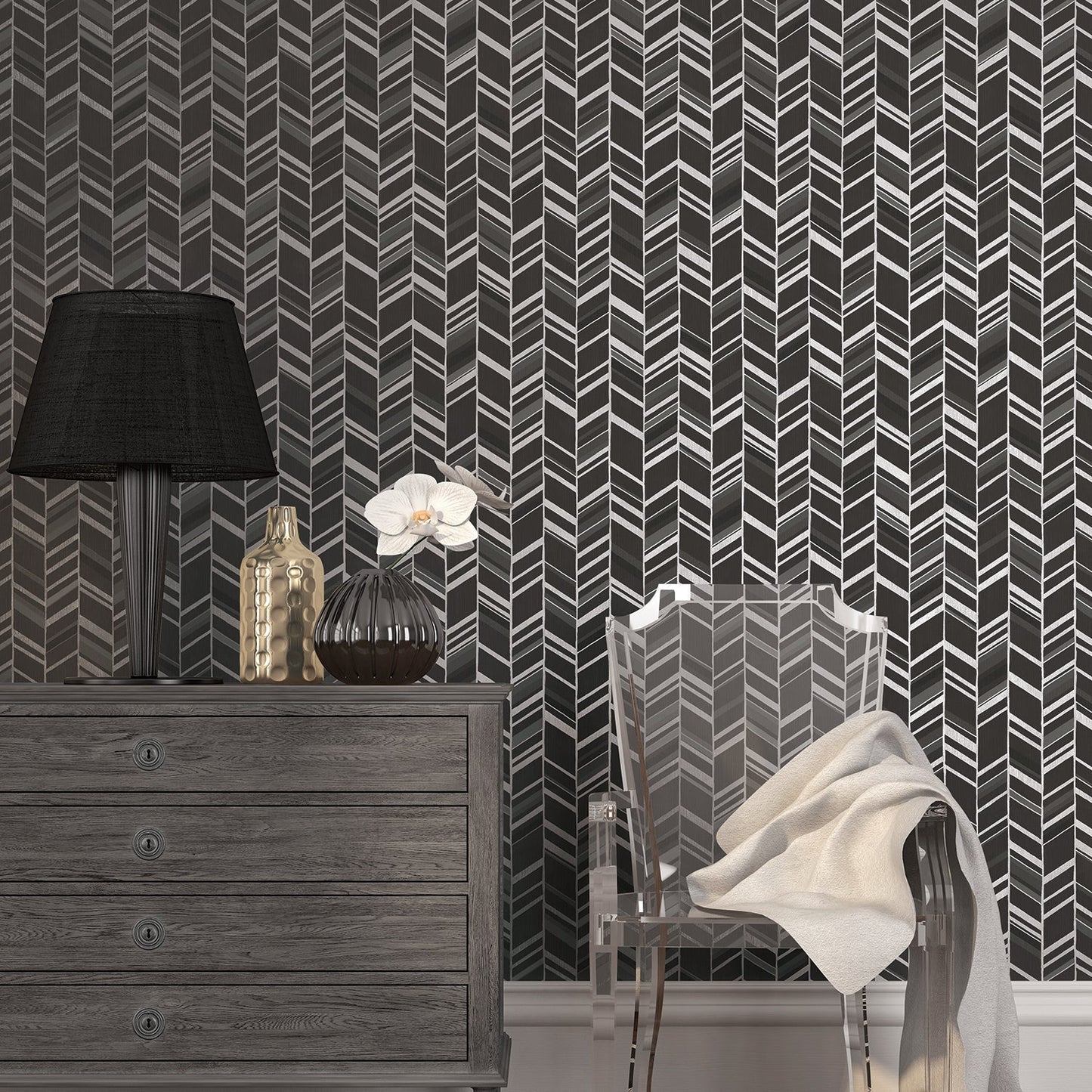 Special FX Chevron Wallpaper - Silver / Black - Galerie - G67716 - Premier Wallcovering