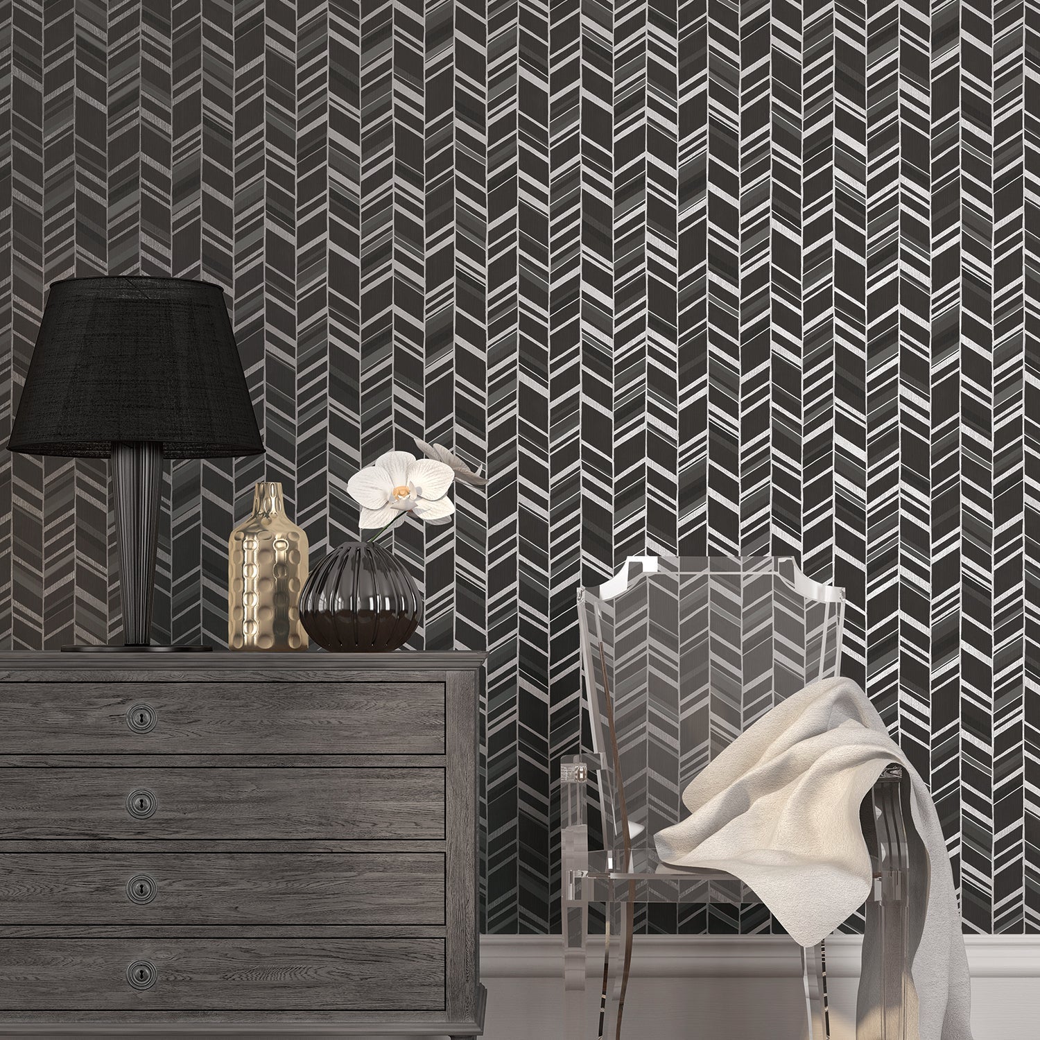 Special FX Chevron Wallpaper - Silver / Black - Galerie - G67716 - Premier Wallcovering