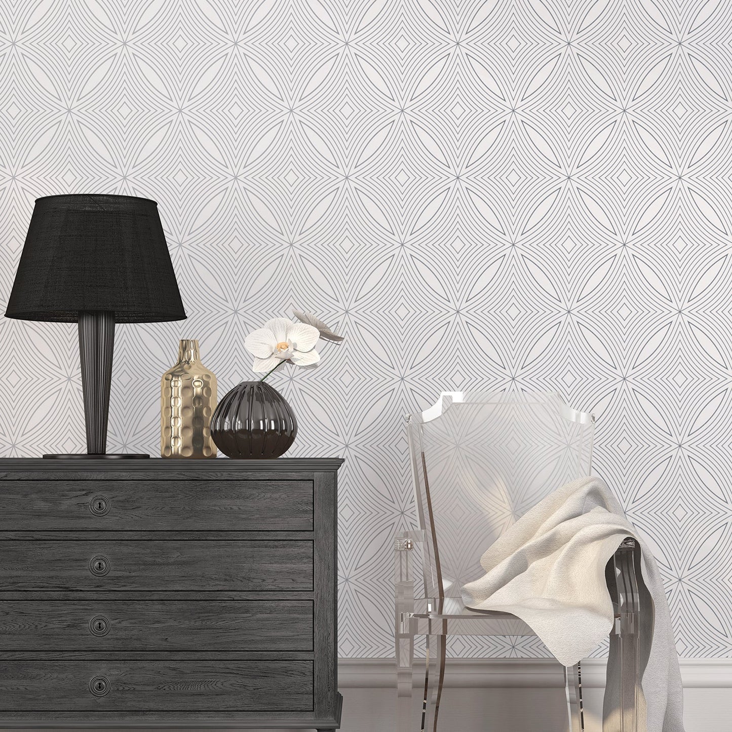Special FX Geometric Spiral Wallpaper - Silver / White - Galerie - G67731 - Premier Wallcovering