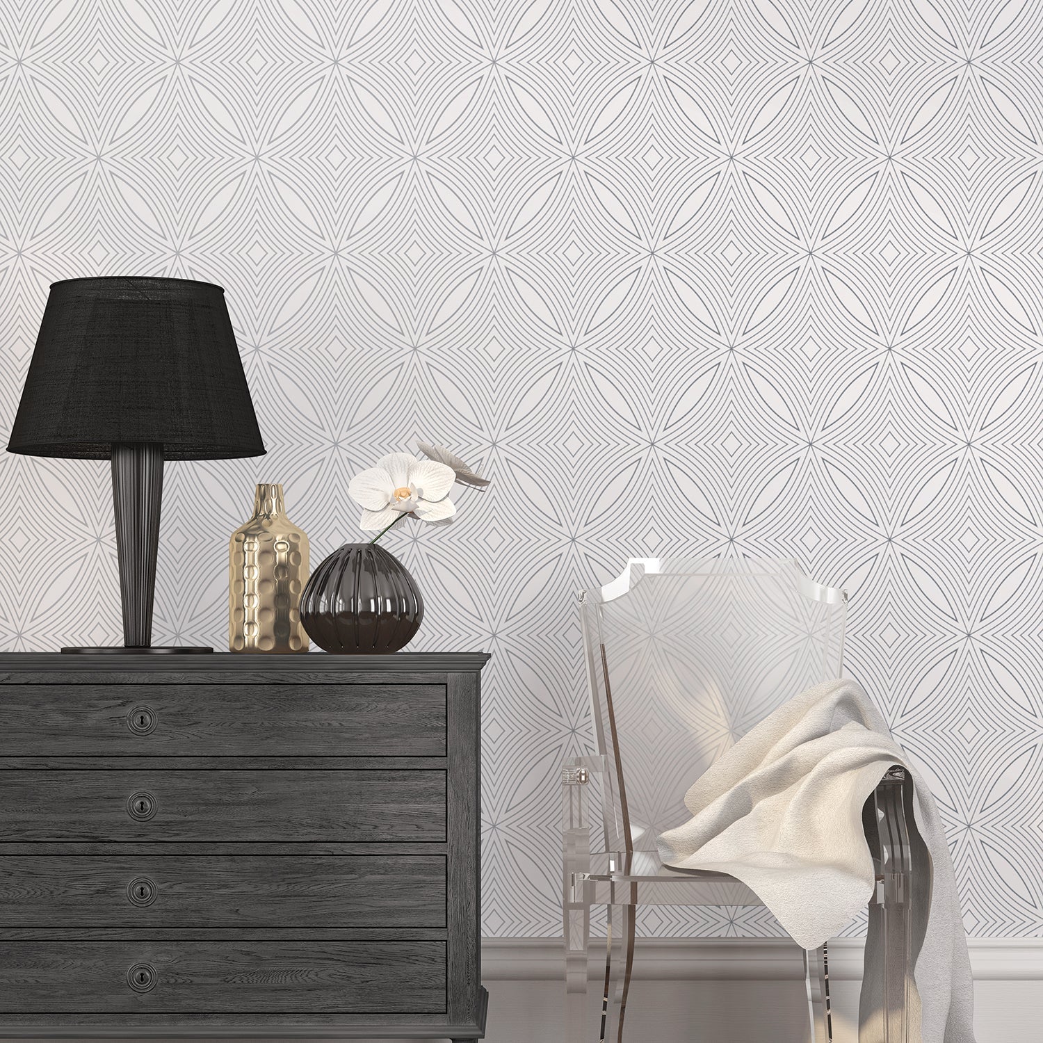 Special FX Geometric Spiral Wallpaper - Silver / White - Galerie - G67731 - Premier Wallcovering