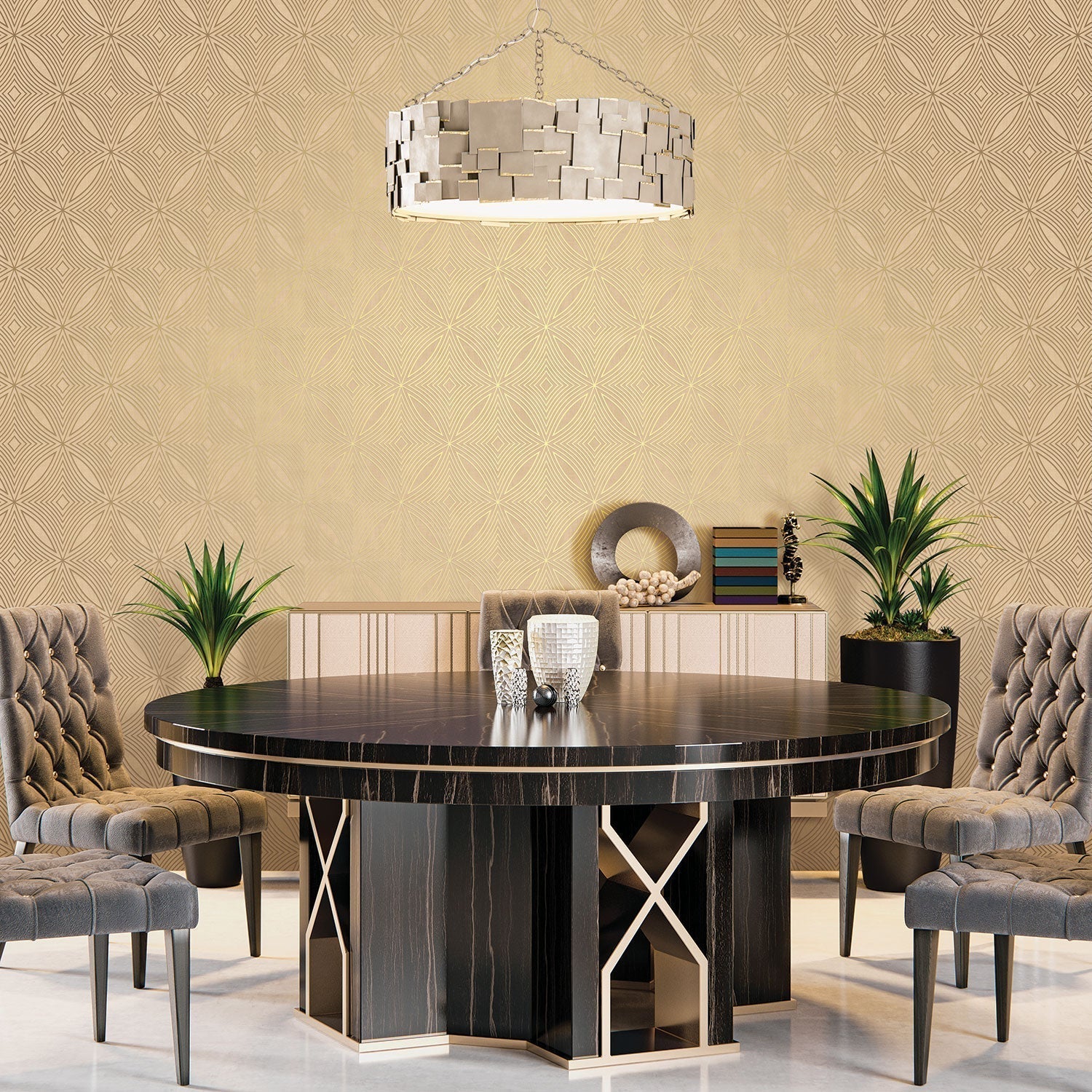 Special FX Geometric Spiral Wallpaper - Metallic Gold / Yellow - Galerie - G67730 - Premier Wallcovering