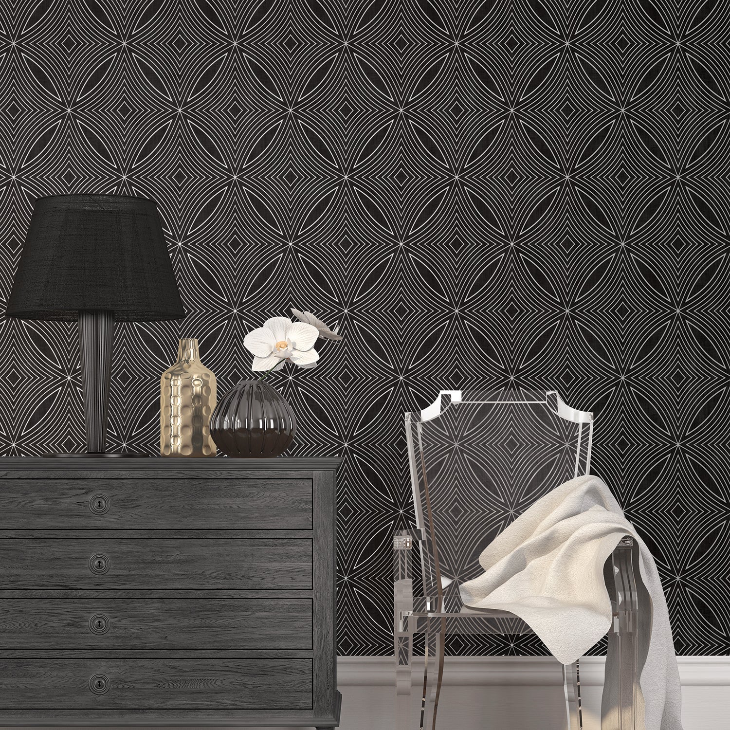 Special FX Geometric Spiral Wallpaper - Silver / Black - Galerie - G67732 - Premier Wallcovering