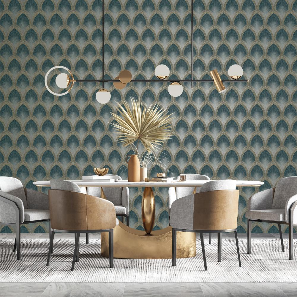 Special FX Nouveau Scallop Wallpaper - Silver / Turquoise / Gold - Galerie - G68085 - Premier Wallcovering