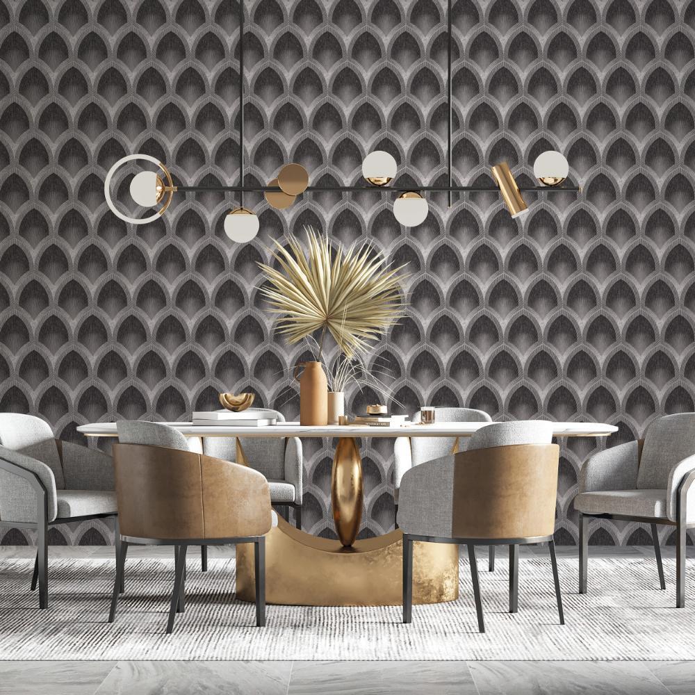 Special FX Nouveau Scallop Wallpaper - Silver / Black - Galerie - G68084 - Premier Wallcovering