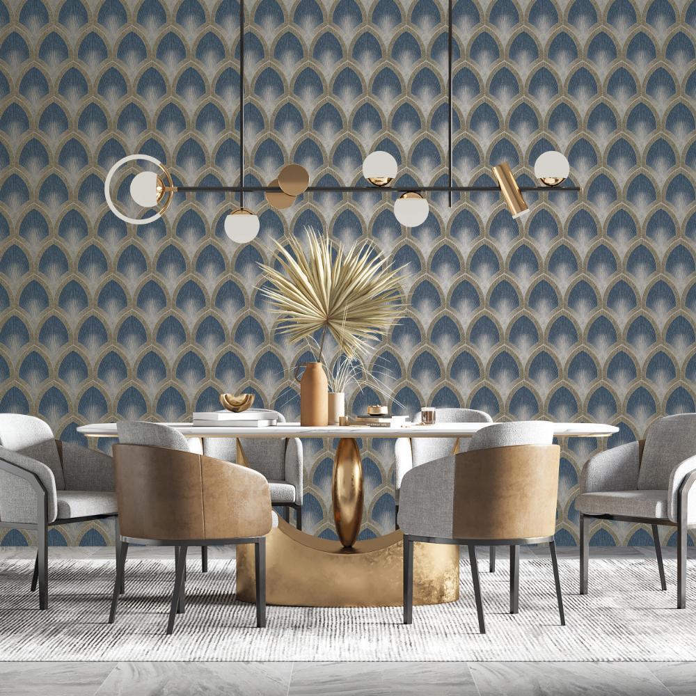 Special FX Nouveau Scallop Wallpaper - Navy / Taupe - Galerie - G68083 - Premier Wallcovering