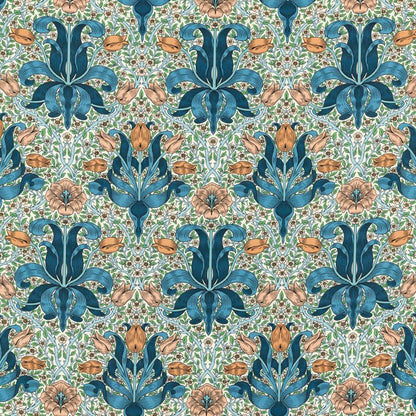 Spring Thicket Fabric - Paradise Blue/Peach - Morris & Co - 227207 - Premier Wallcovering
