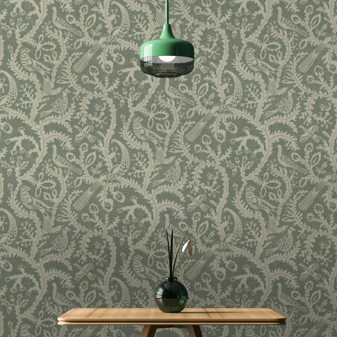 Stitched Birds Wallpaper - Aqua - Josephine Munsey - JMW-103501 - Premier Wallcovering