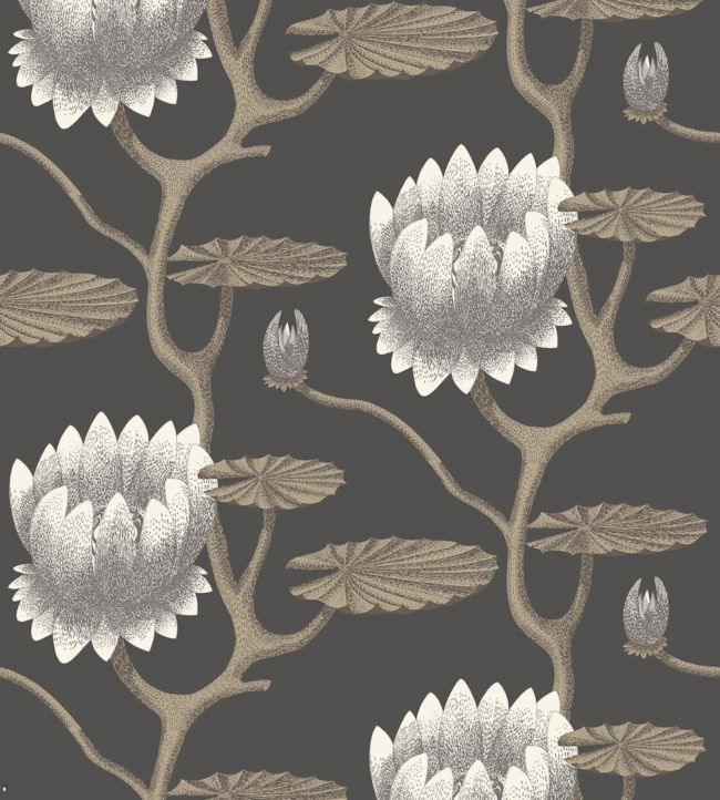 Summer Lily Wallpaper - White & Metallic Gilver on Charcoal - 95/4026 - Cole & Son - Premier Wallcovering
