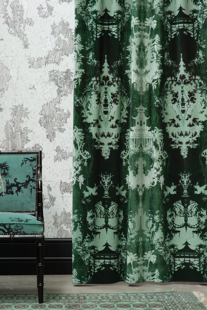 Temples In The Sky Velvet Fabric - Green - Timorous Beasties - DIGI/TMPL/CE61/01 - Premier Wallcovering
