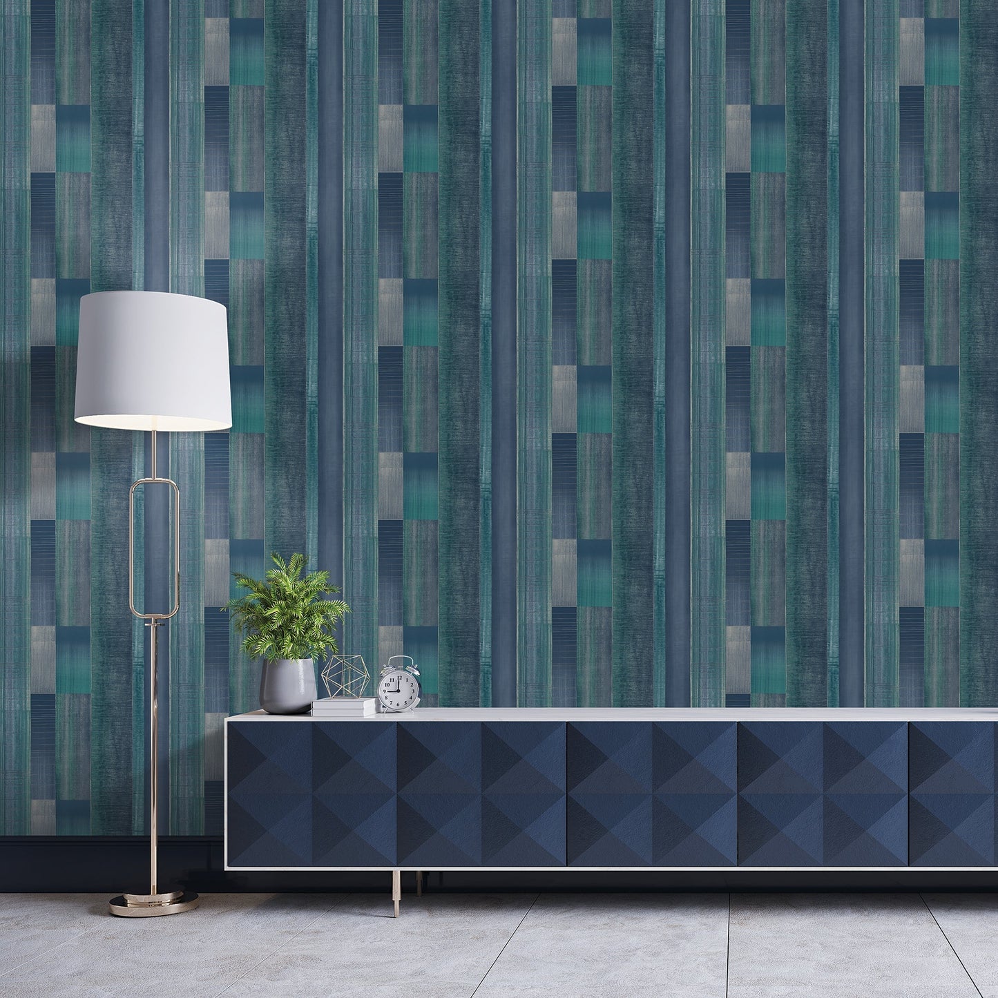 Texstyle Agen Stripe Wallpaper - Turquoise / Navy / Metallic Ink - Galerie - G56575 - Premier Wallcovering