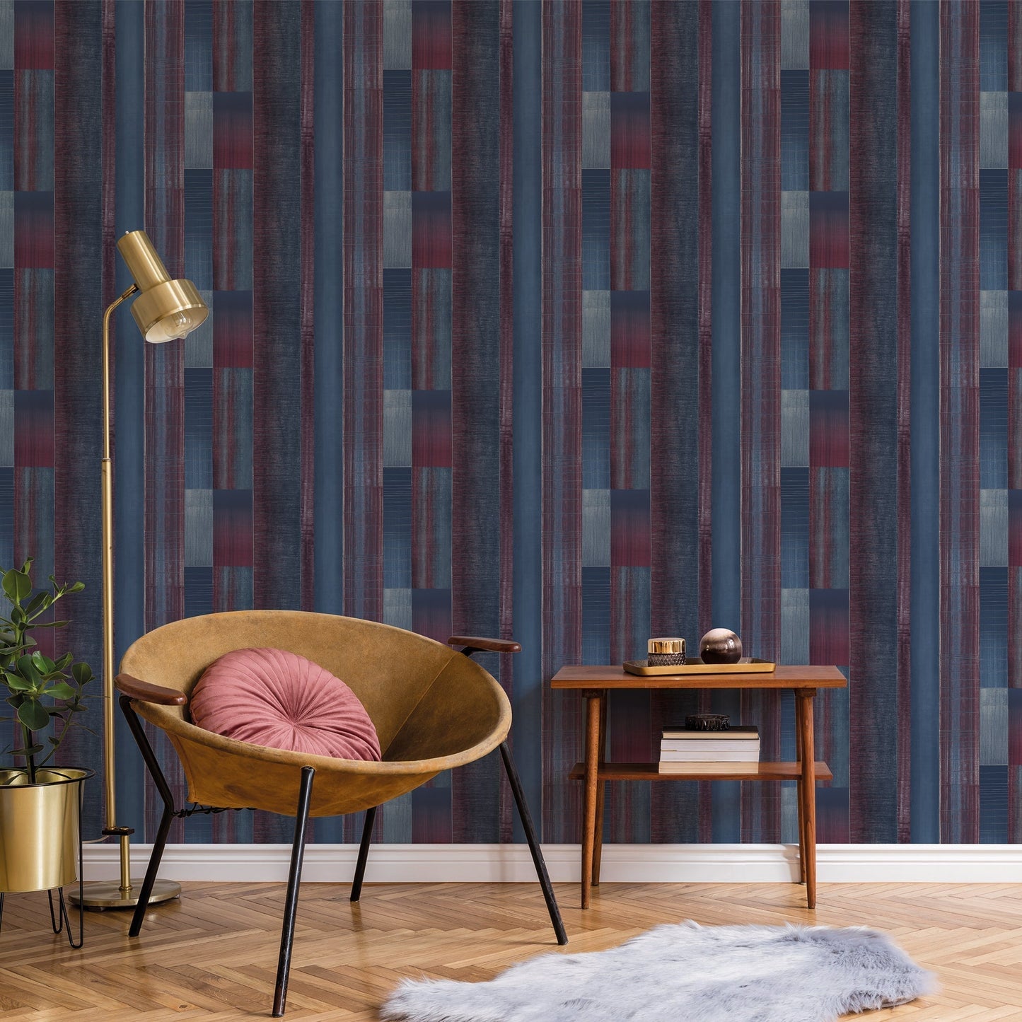 Texstyle Agen Stripe Wallpaper - Navy / Cranberry / Metallic Ink - Galerie - G56573 - Premier Wallcovering
