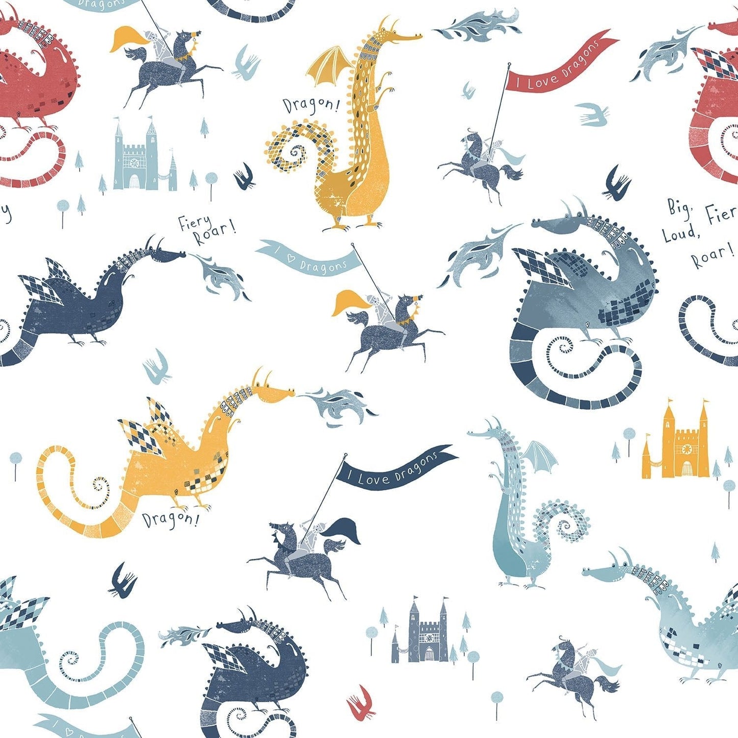 Tiny Tots 2 Dragons Wallpaper - Navy / Red / Yellow / Blue - Galerie - G78369 - Premier Wallcovering