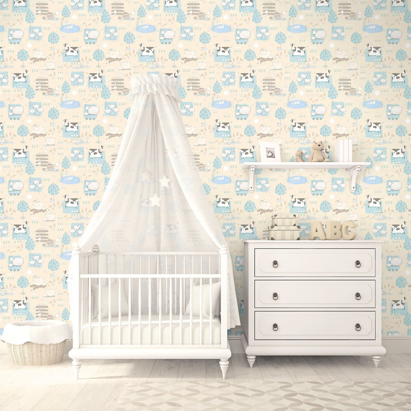 Tiny Tots 2 Farmland Wallpaper - Beige / Turquoise - Galerie - G78374 - Premier Wallcovering