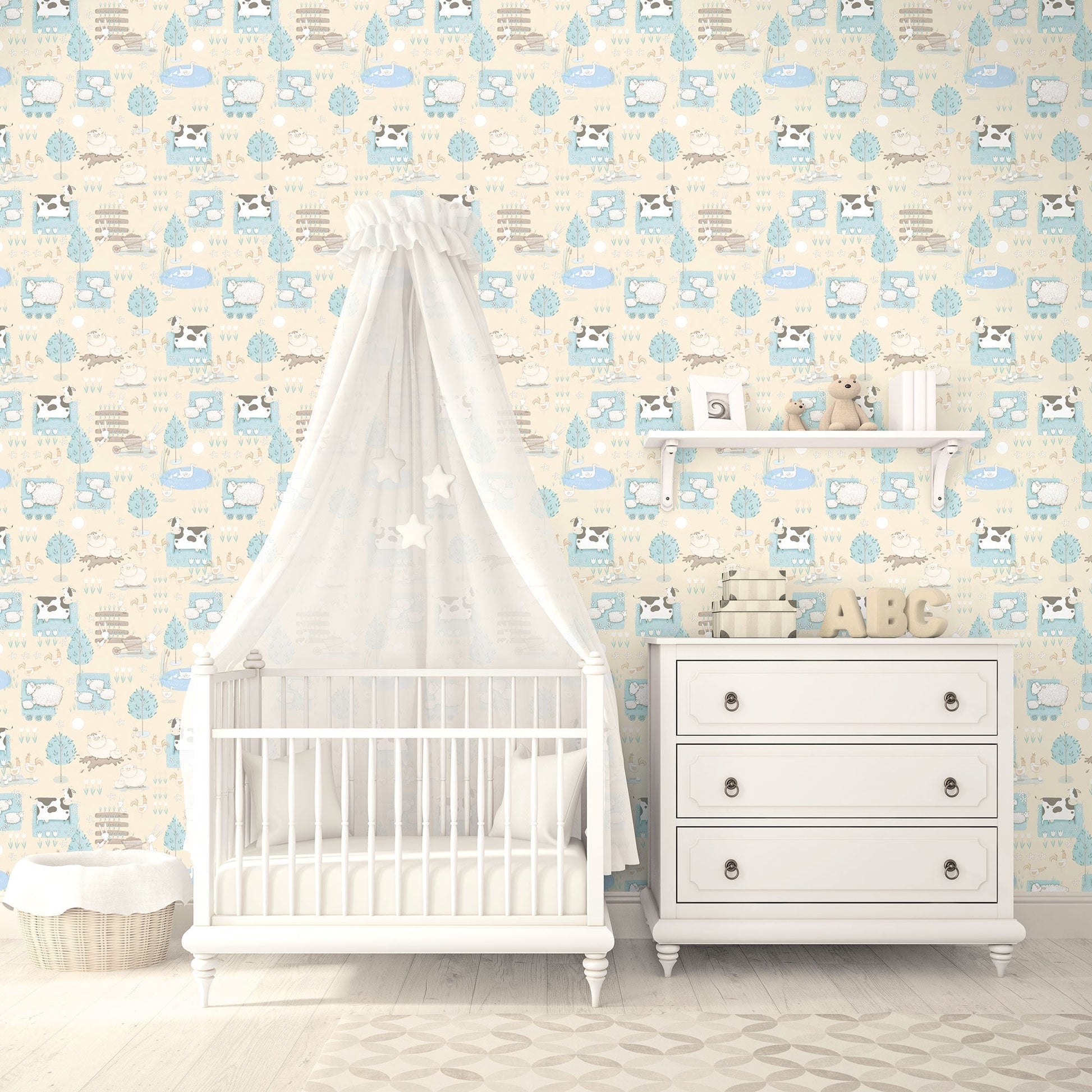Tiny Tots 2 Farmland Wallpaper - Beige / Turquoise - Galerie - G78374 - Premier Wallcovering