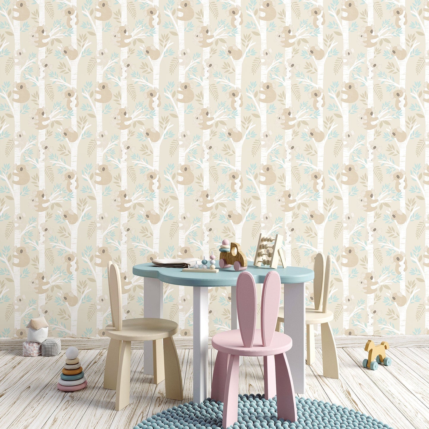 Tiny Tots 2 Koalas Wallpaper - Beige / Turquoise / Glitter - Galerie - G78384 - Premier Wallcovering