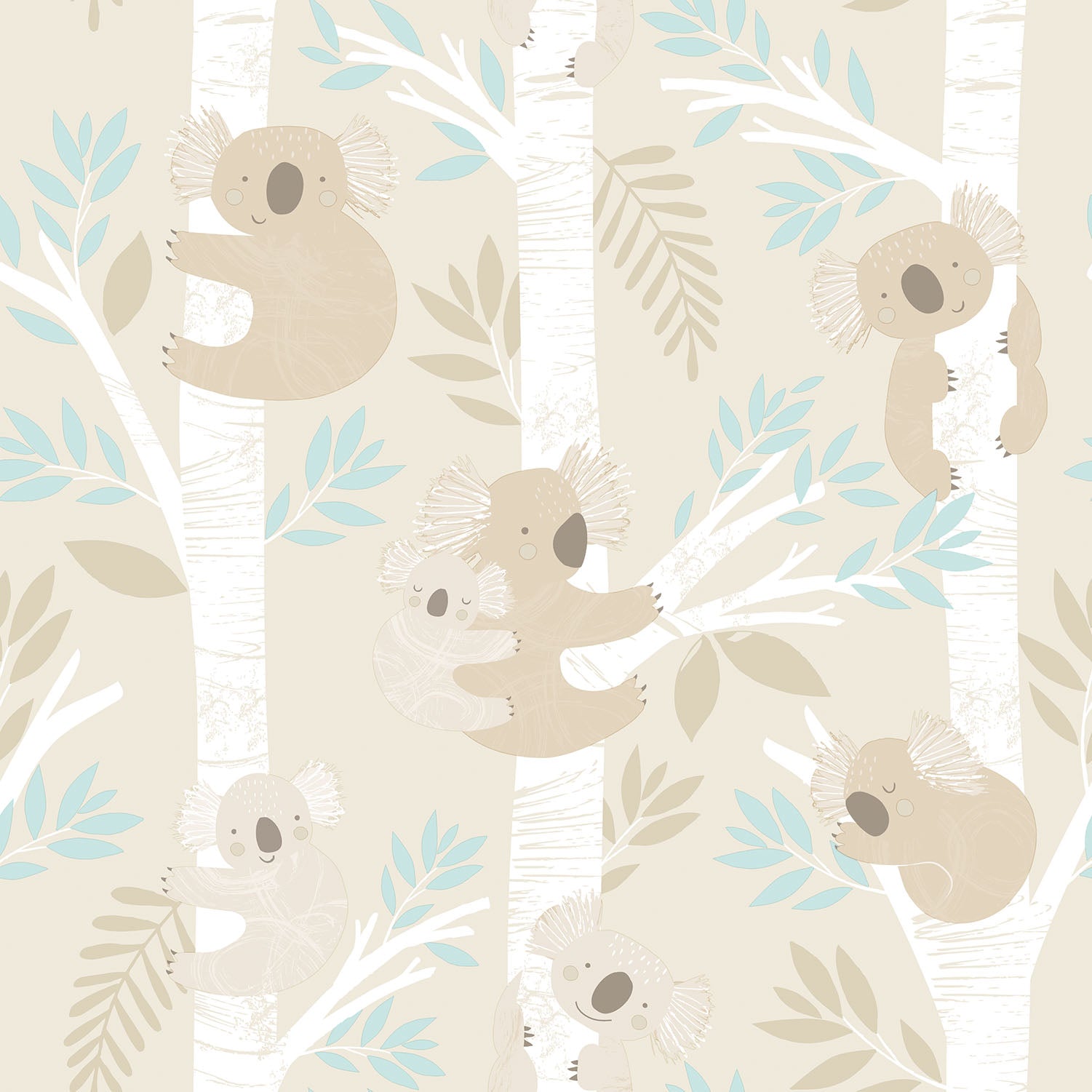 Tiny Tots 2 Koalas Wallpaper - Beige / Turquoise / Glitter - Galerie - G78384 - Premier Wallcovering