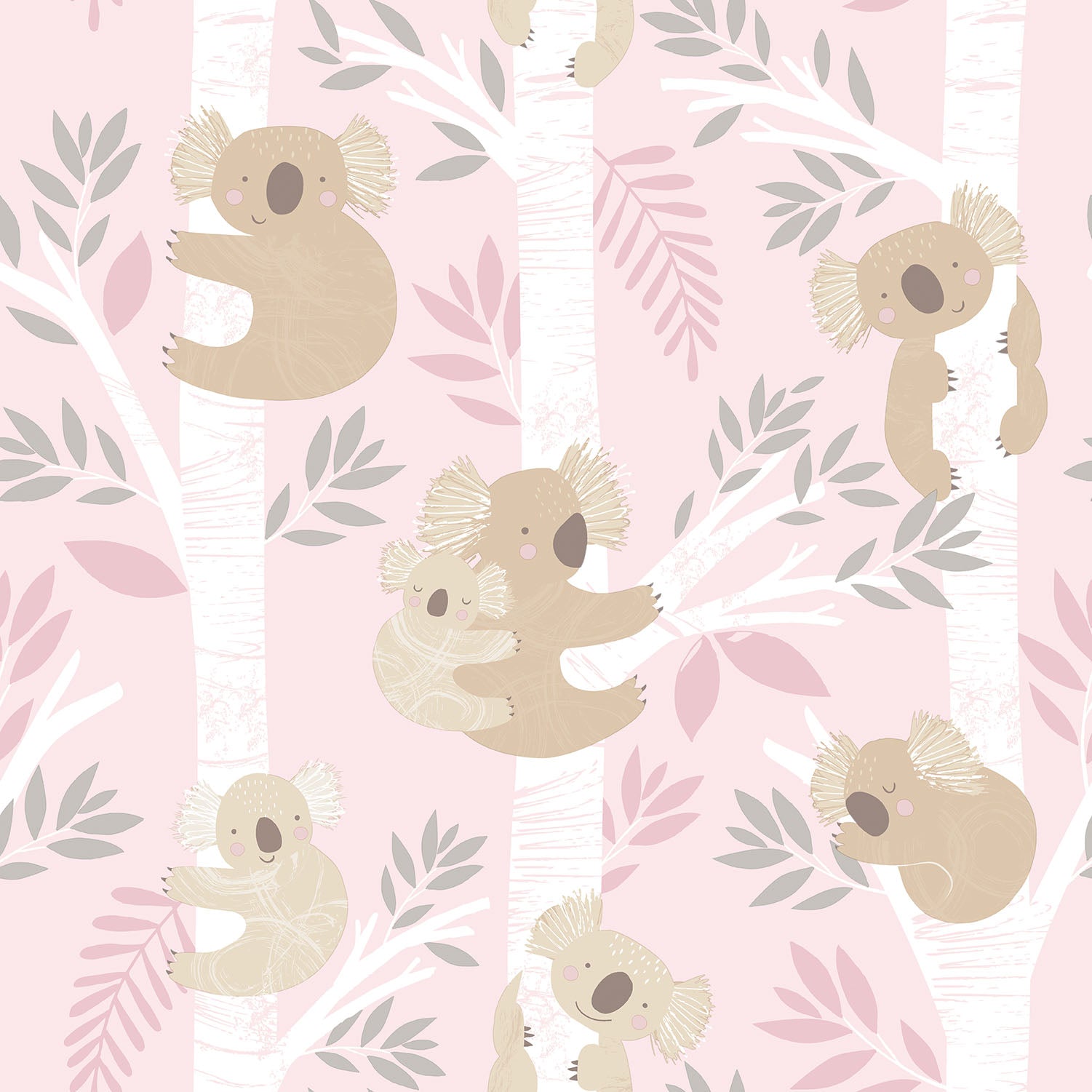 Tiny Tots 2 Koalas Wallpaper - Pink / Grey / Glitter - Galerie - G78387 - Premier Wallcovering