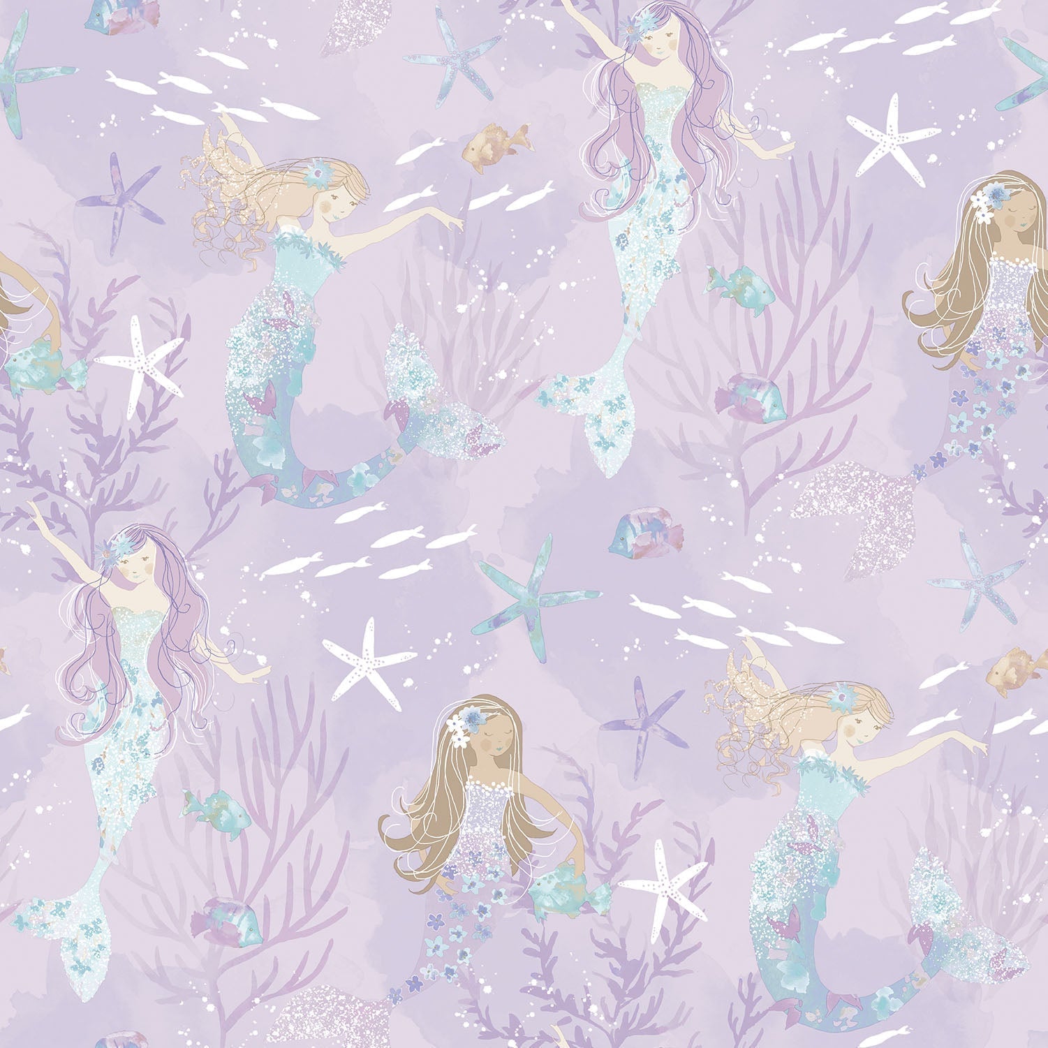 Tiny Tots 2 Mermaids Wallpaper - Purple / Turquoise / Glitter - Galerie - G78391 - Premier Wallcovering