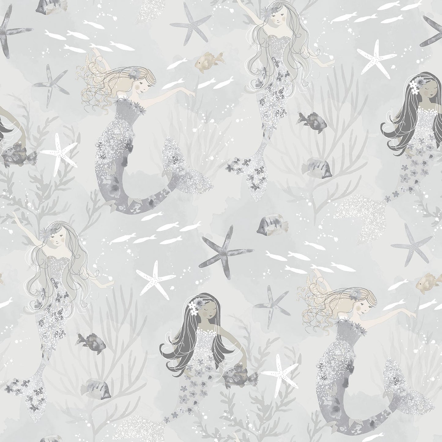 Tiny Tots 2 Mermaids Wallpaper - Grey / Silver / Glitter - Galerie - G78389 - Premier Wallcovering