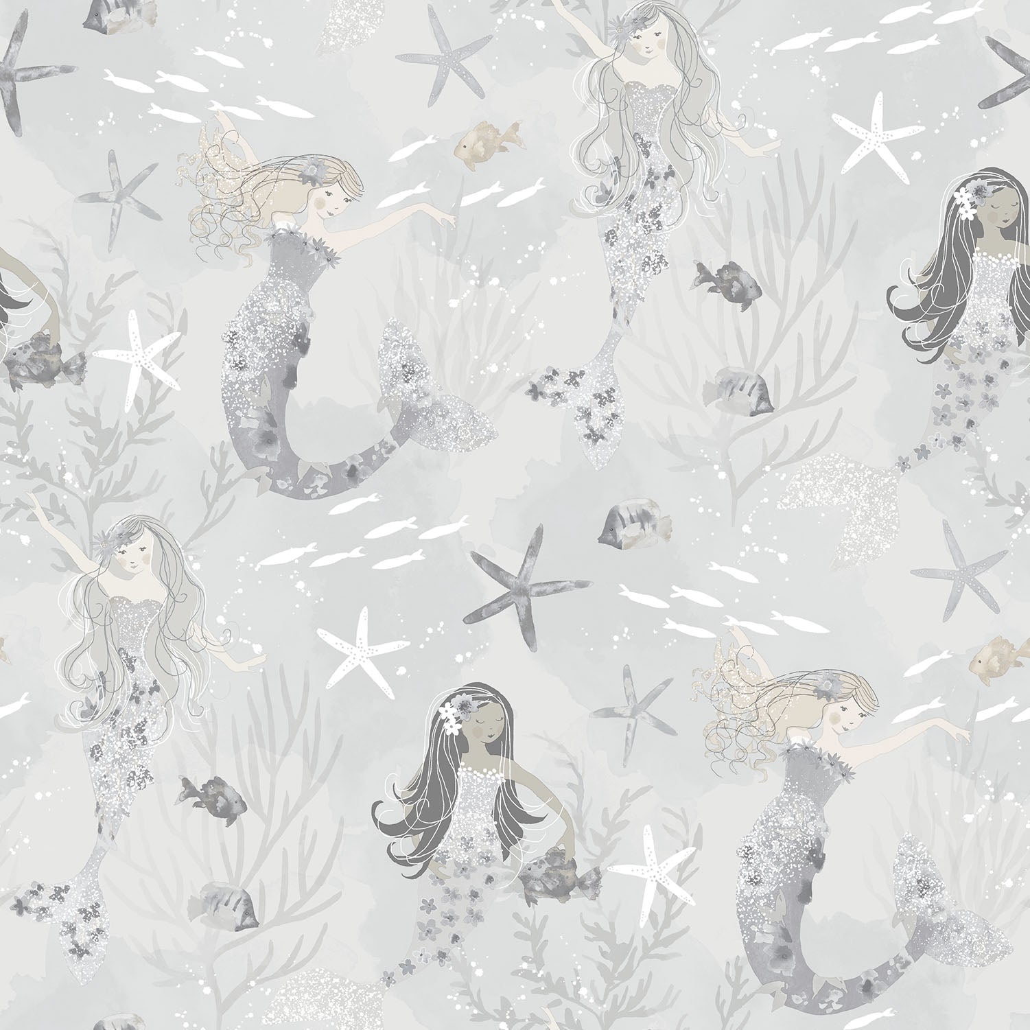 Tiny Tots 2 Mermaids Wallpaper - Grey / Silver / Glitter - Galerie - G78389 - Premier Wallcovering
