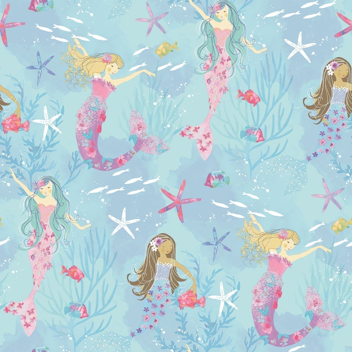 Tiny Tots 2 Mermaids Wallpaper - Turquoise / Hot Pink / Glitter - Galerie - G78392 - Premier Wallcovering