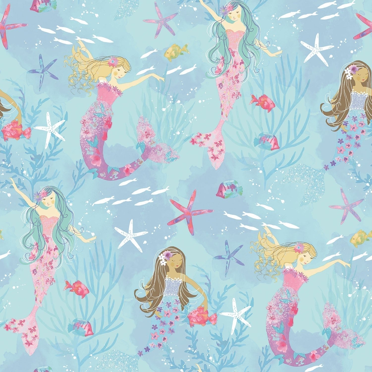 Tiny Tots 2 Mermaids Wallpaper - Turquoise / Hot Pink / Glitter - Galerie - G78392 - Premier Wallcovering