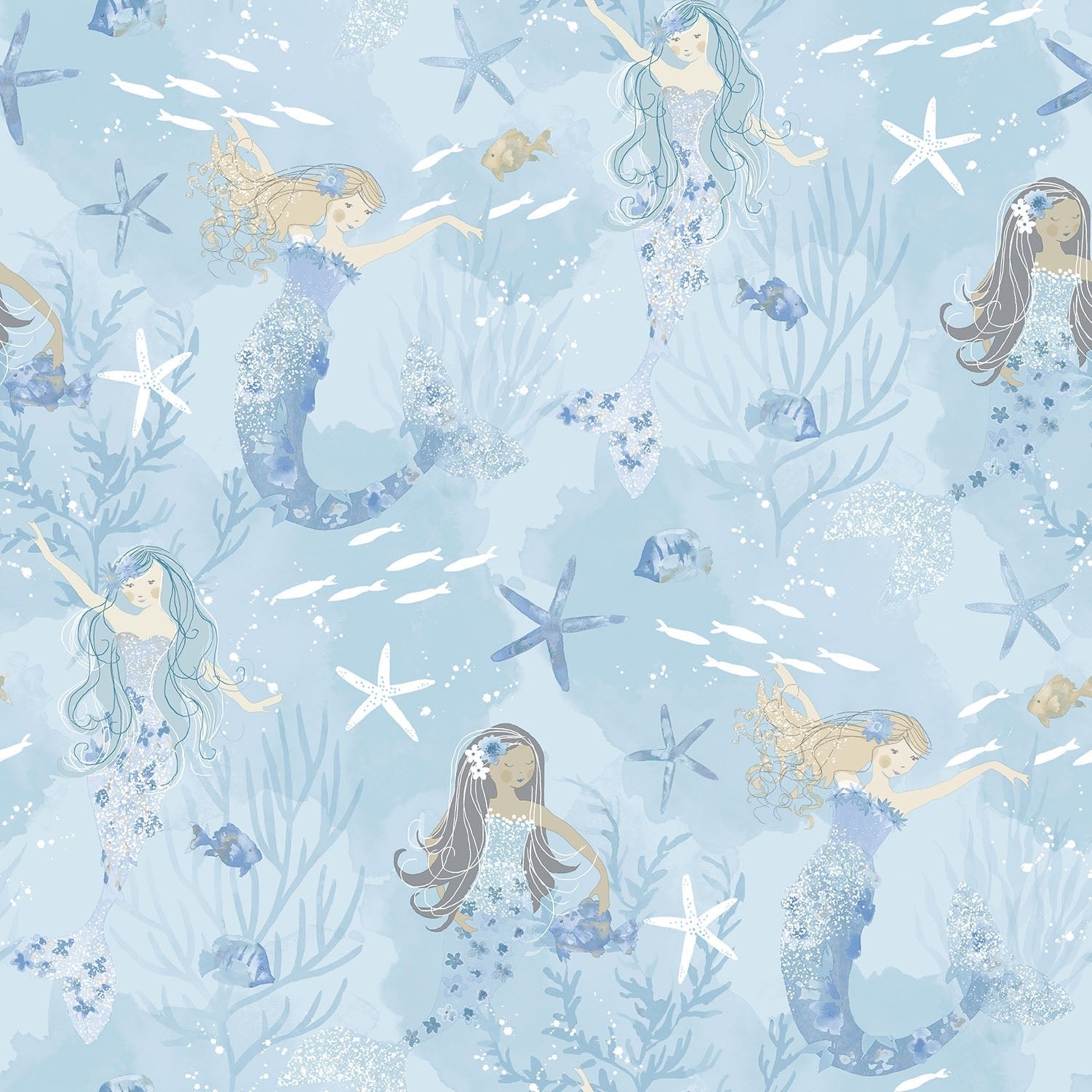 Tiny Tots 2 Mermaids Wallpaper - Blues / Purple / Glitter - Galerie - G78388 - Premier Wallcovering