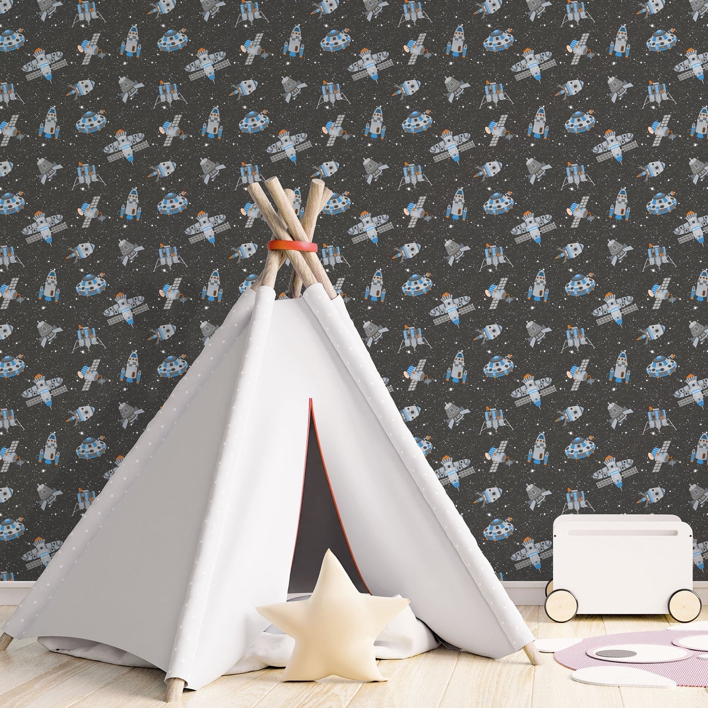 Tiny Tots 2 Spaceships Wallpaper - Black / Blue / Orange / Glitter - Galerie - G78410 - Premier Wallcovering