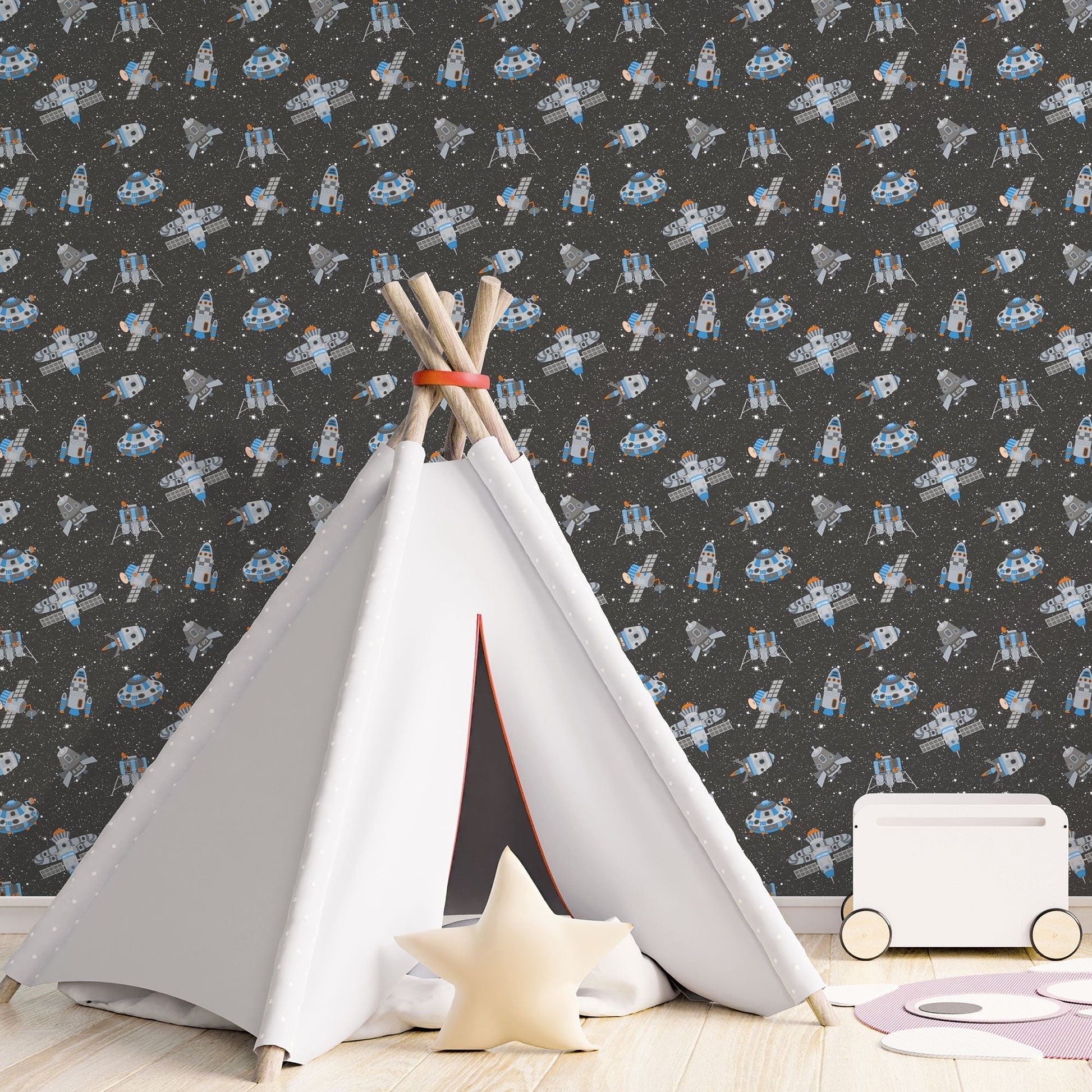 Tiny Tots 2 Spaceships Wallpaper - Black / Blue / Orange / Glitter - Galerie - G78410 - Premier Wallcovering