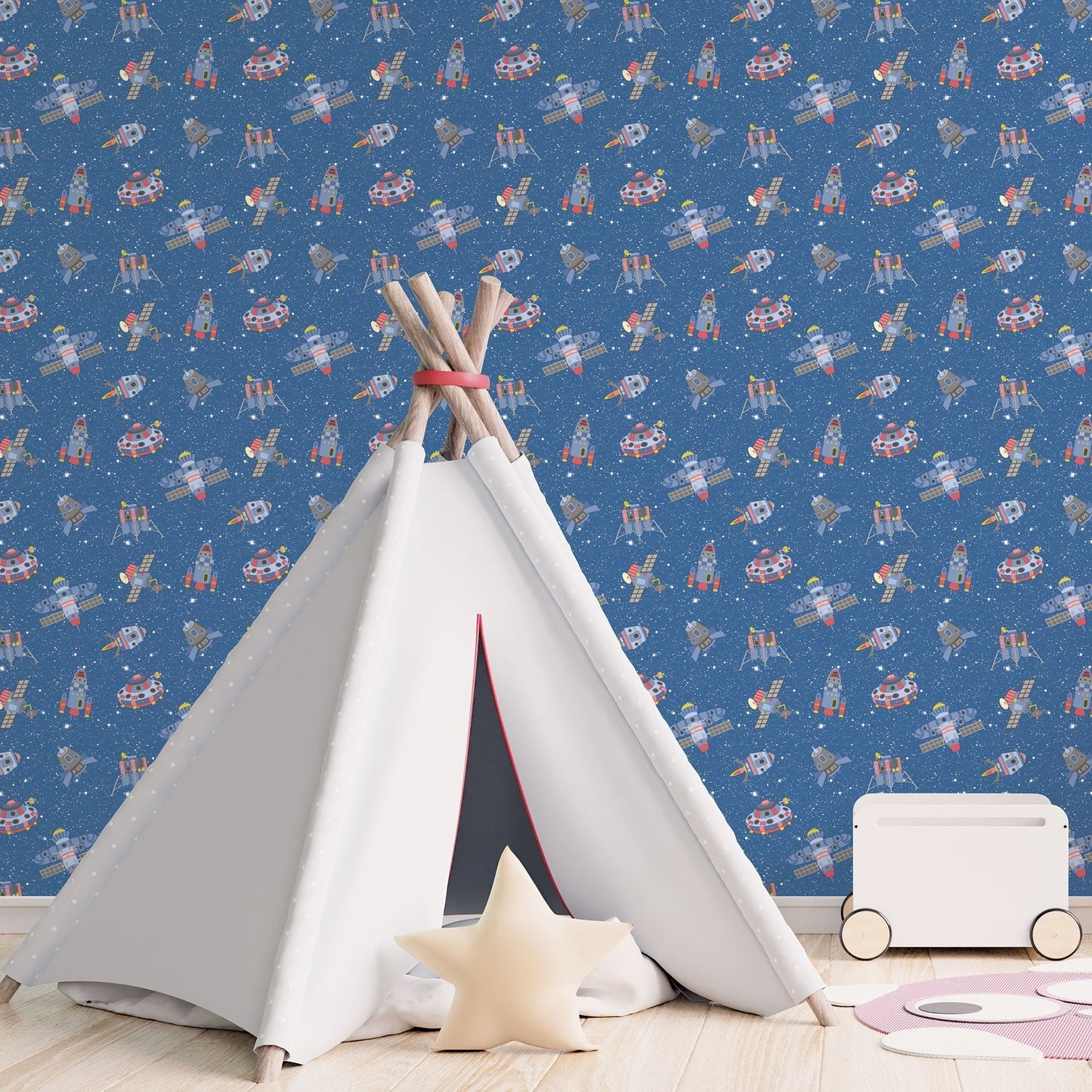 Tiny Tots 2 Spaceships Wallpaper - Cobalt / Primary / Glitter - Galerie - G78411 - Premier Wallcovering