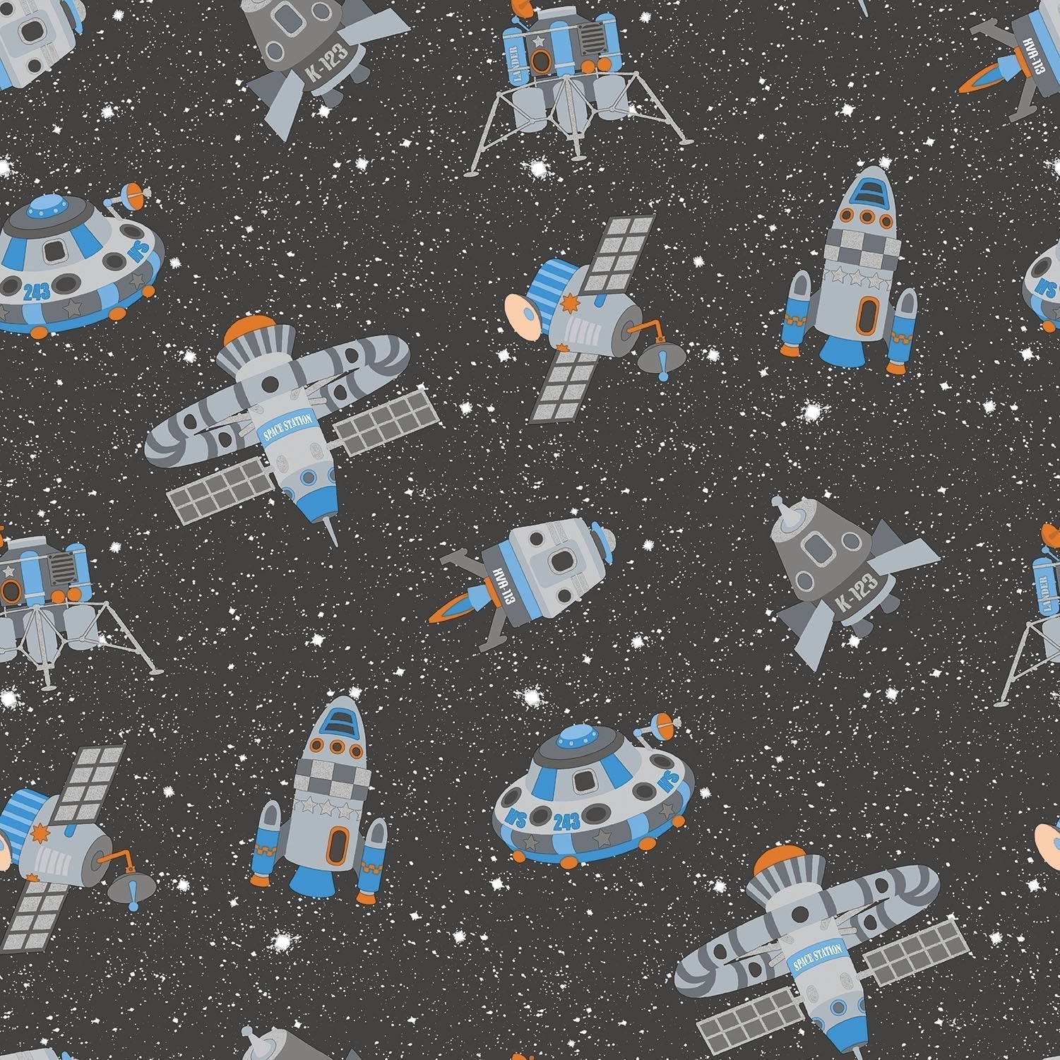 Tiny Tots 2 Spaceships Wallpaper - Black / Blue / Orange / Glitter - Galerie - G78410 - Premier Wallcovering