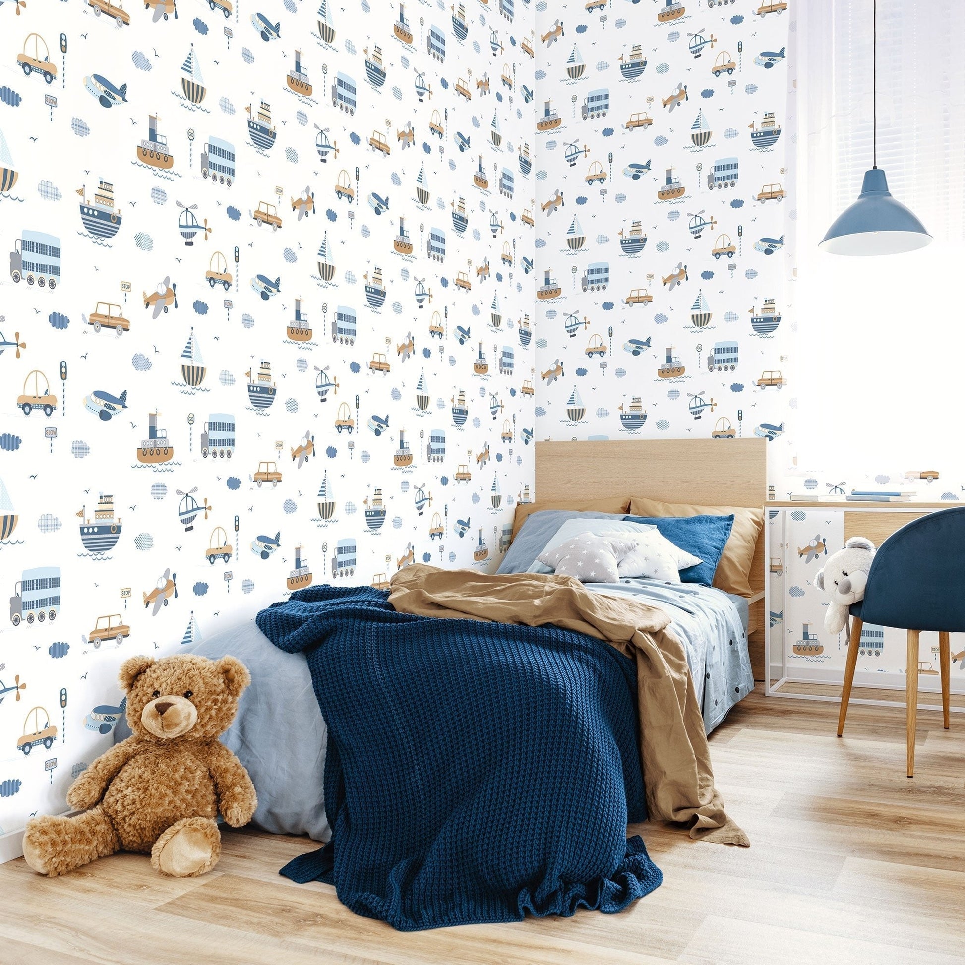 Tiny Tots 2 Transportation Wallpaper - Brown / Sky Blue / Navy - Galerie - G78416 - Premier Wallcovering