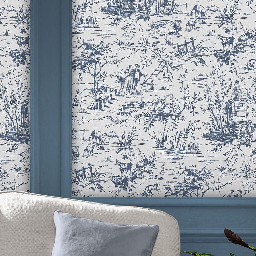 Toile de Jouy Wallpaper - Dark Seaspray Blue - Laura Ashley - 118494 - Premier Wallcovering